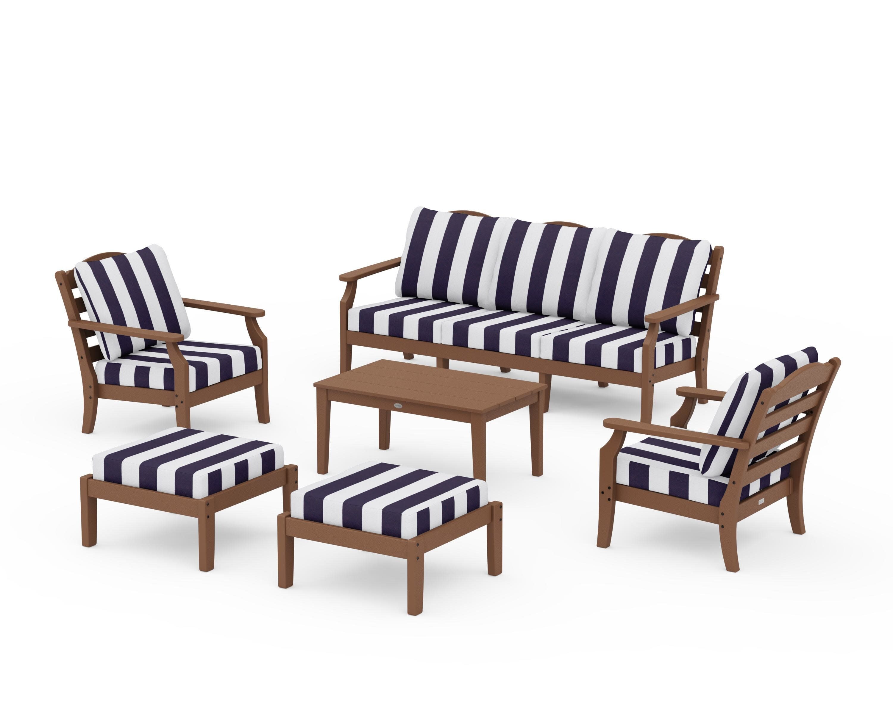 Savannah 6-Piece Lounge Sofa Set in Teak / Cabana Stripe Navy