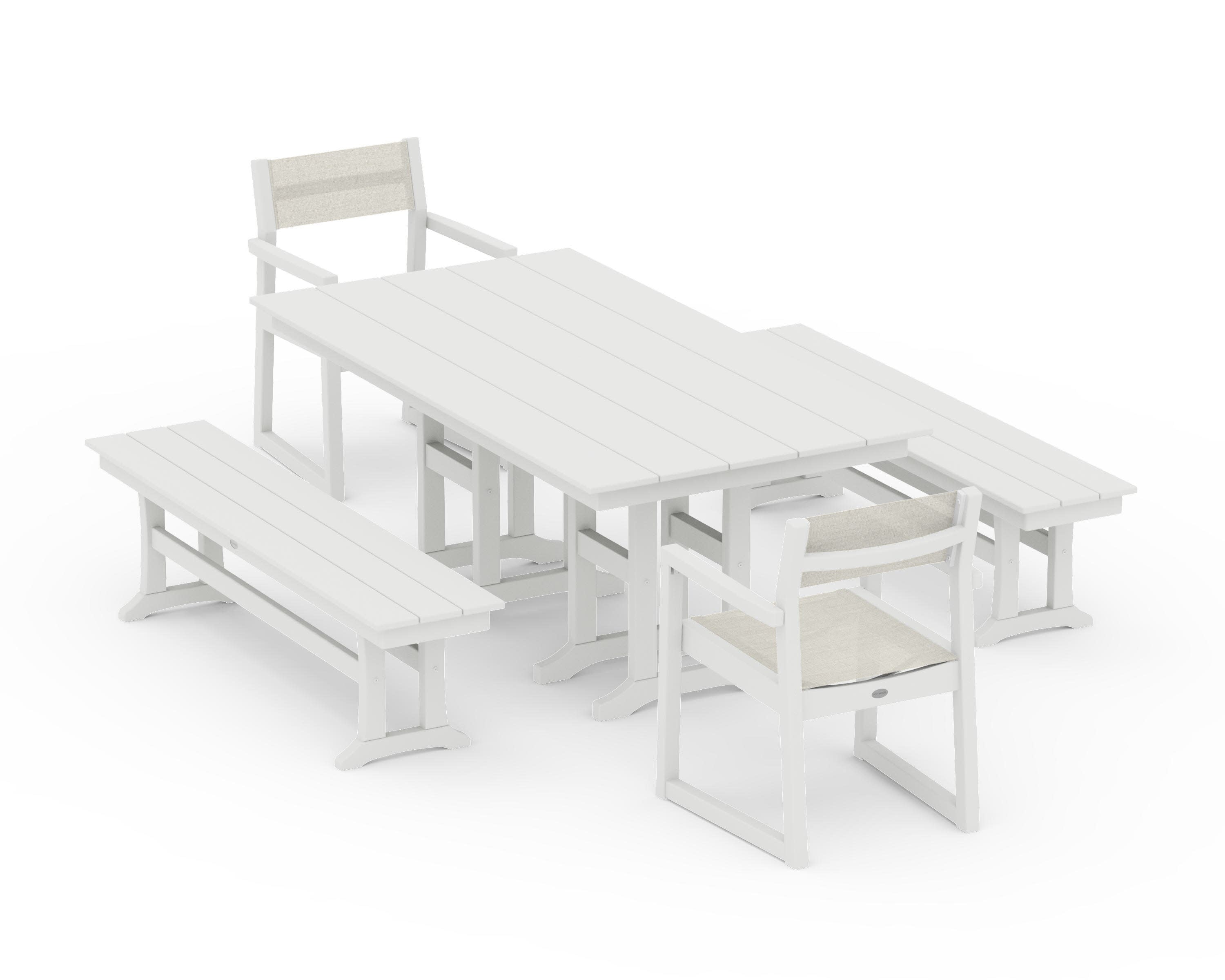EDGE Sling Arm Chair 5-Piece Farmhouse Dining Set with Benches in Vintage White / Parchment Sling