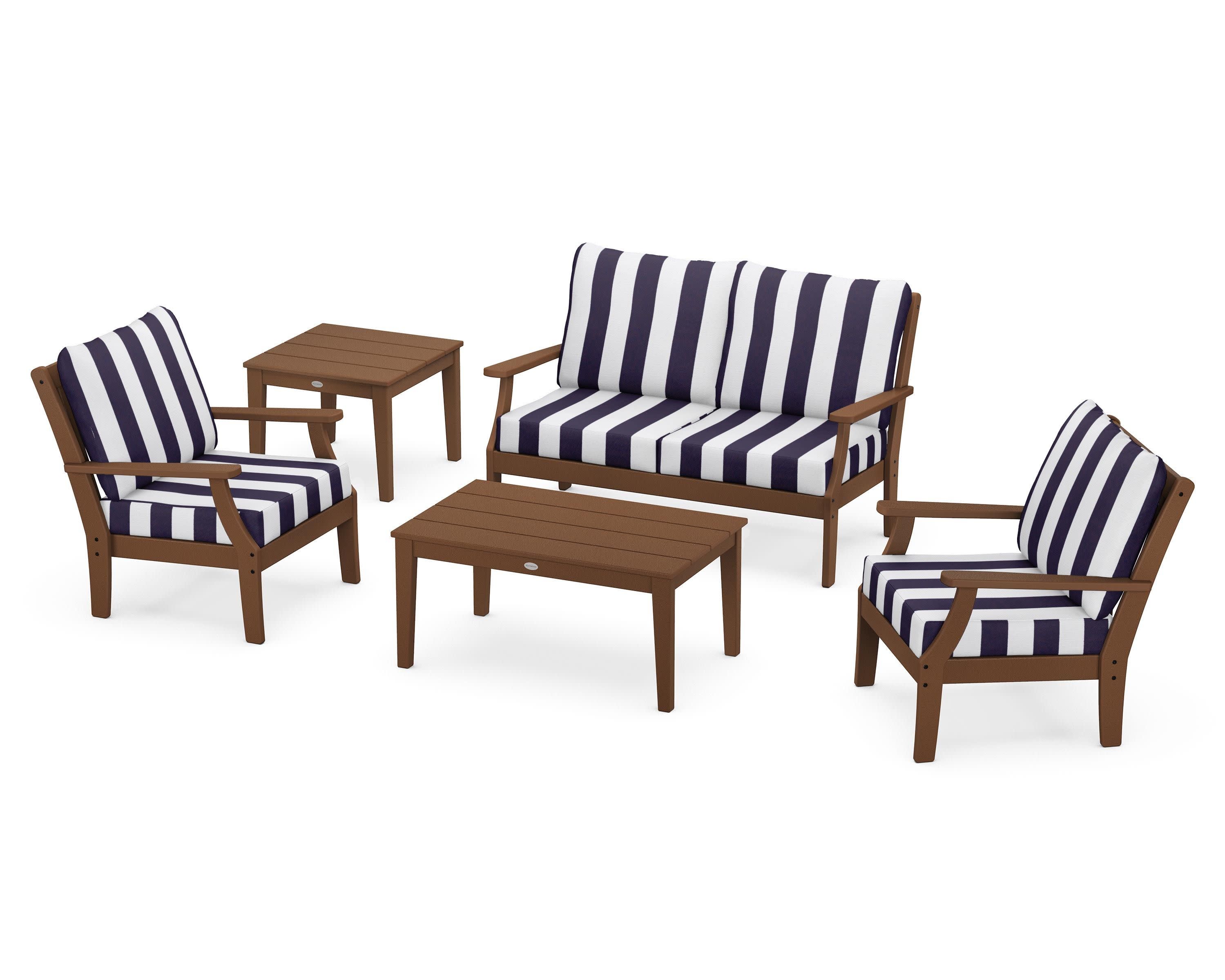 Braxton 5-Piece Deep Seating Set in Teak / Cabana Stripe Navy