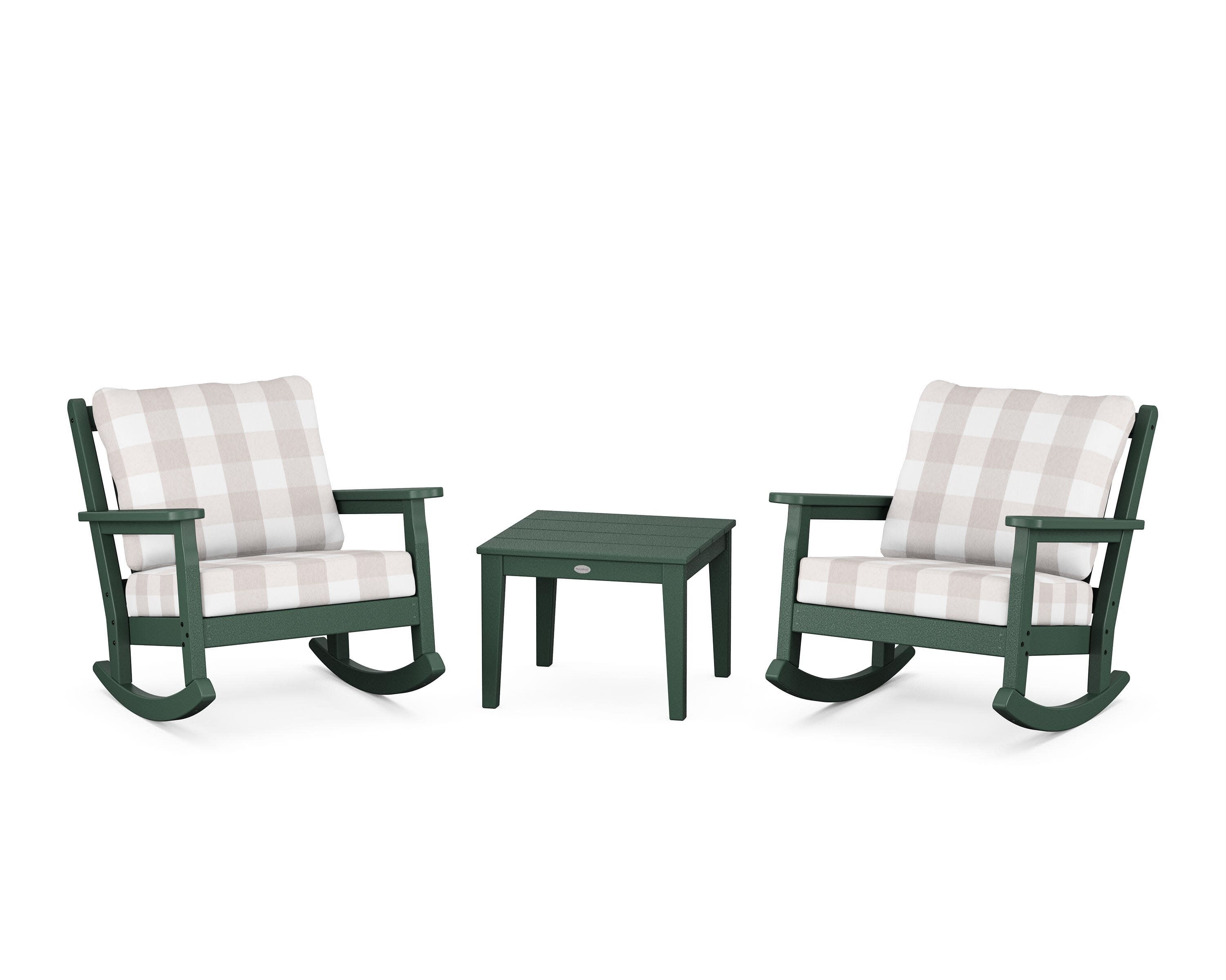 Chippendale 3-Piece Deep Seating Rocker Set in Green / Buffalo Plaid Dune Burlap