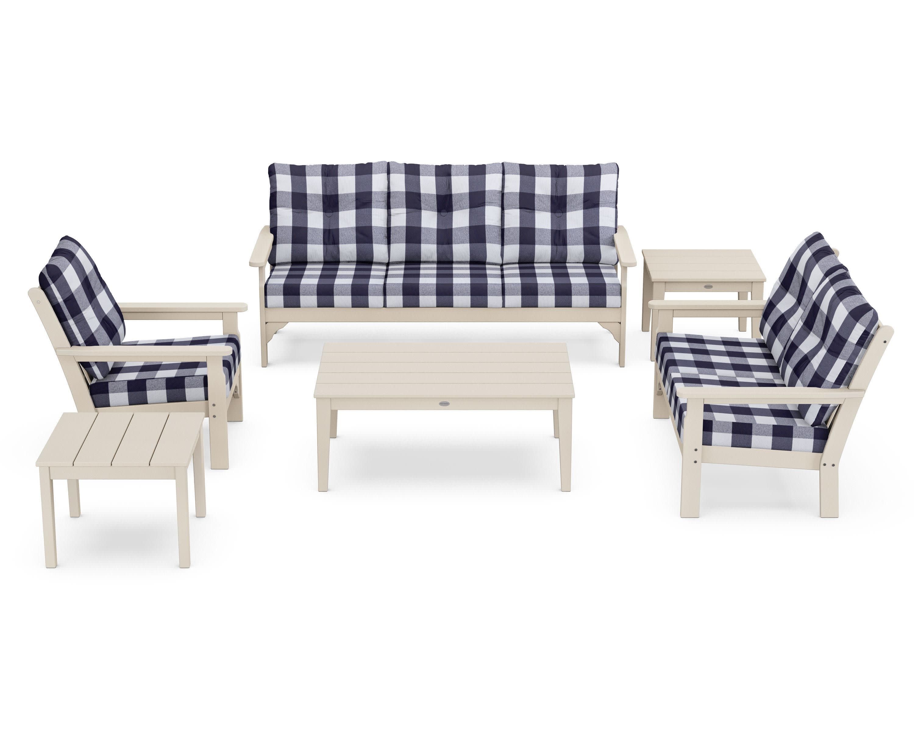 Vineyard 6-Piece Deep Seating Set in Sand / Buffalo Plaid Navy
