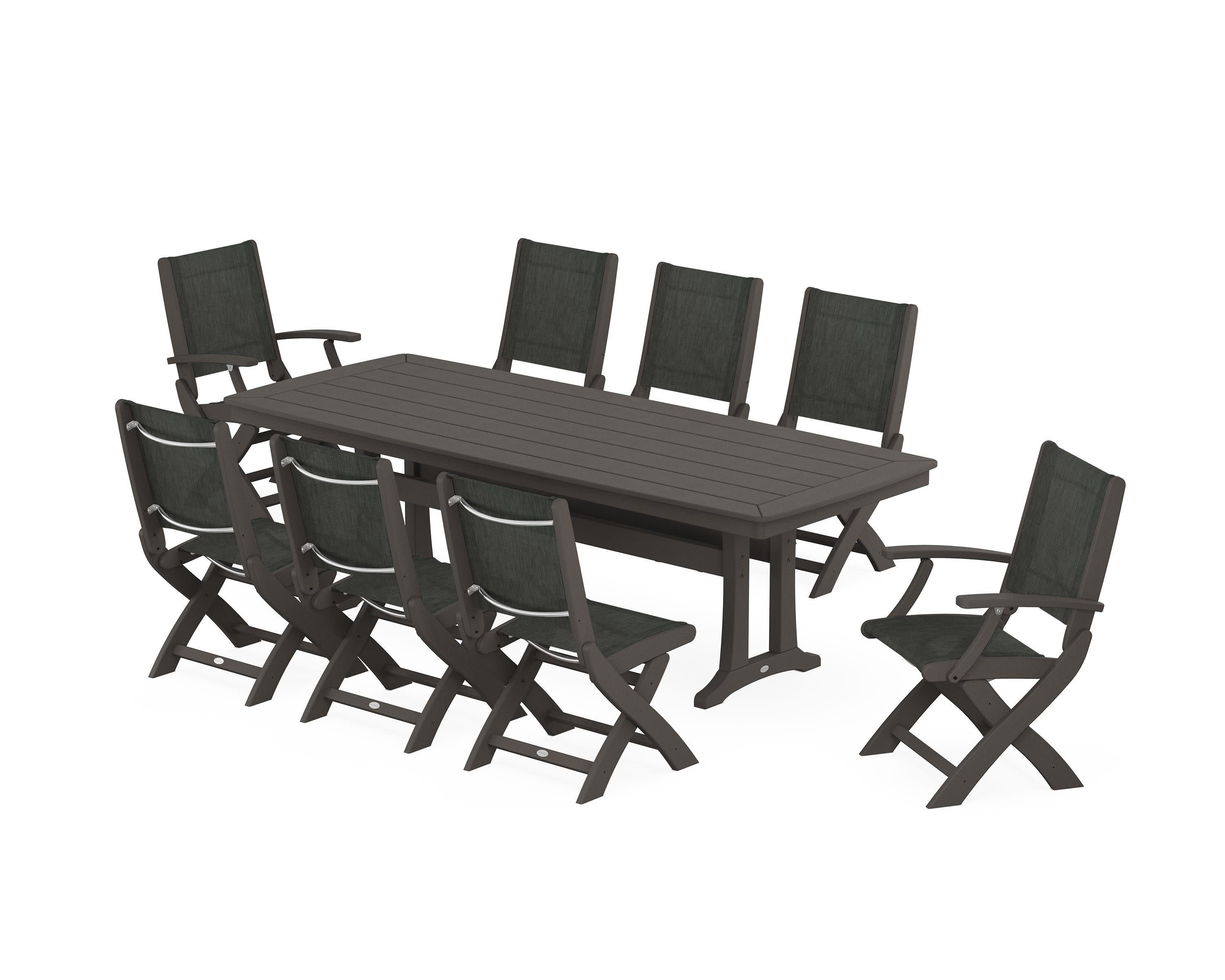 Coastal Folding 9-Piece Dining Set with Trestle Legs in Vintage Coffee / Ember Sling