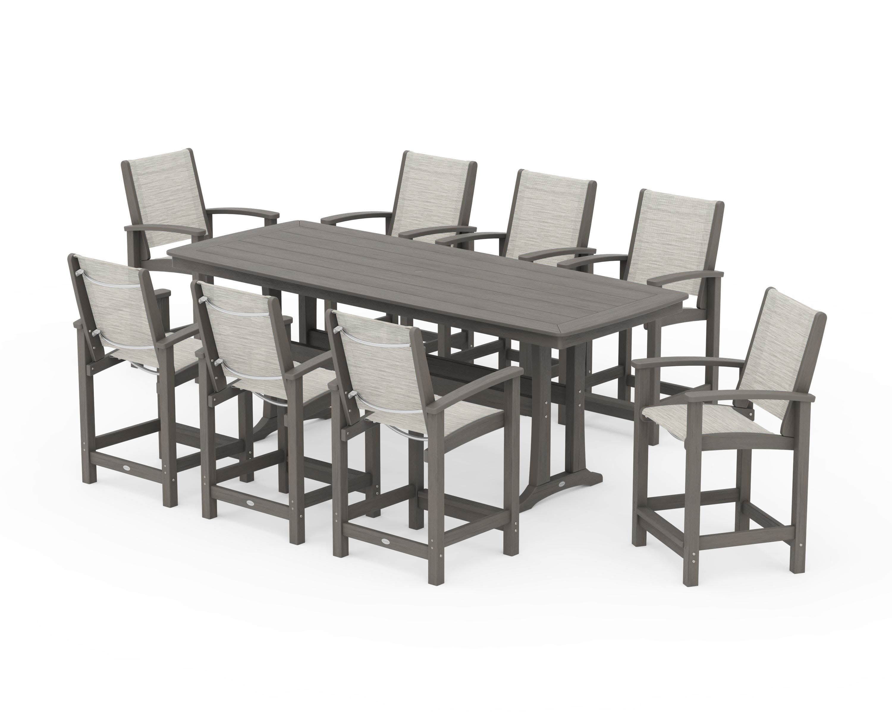 Coastal 9-Piece Counter Set with Trestle Legs in Driftwood / Birch Sling