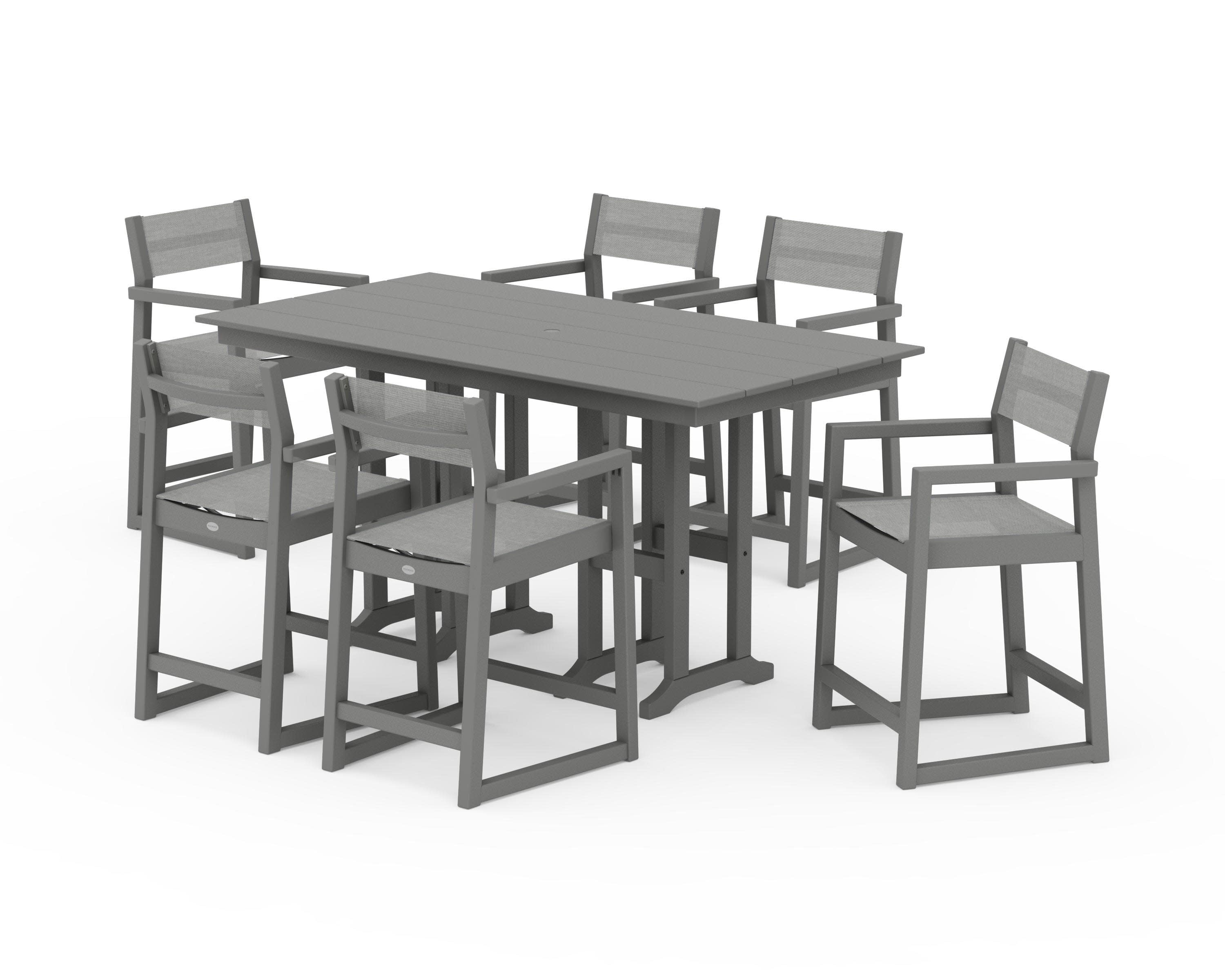 EDGE Sling Arm Chair 7-Piece Farmhouse Counter Set in Slate Grey / Metallic Sling