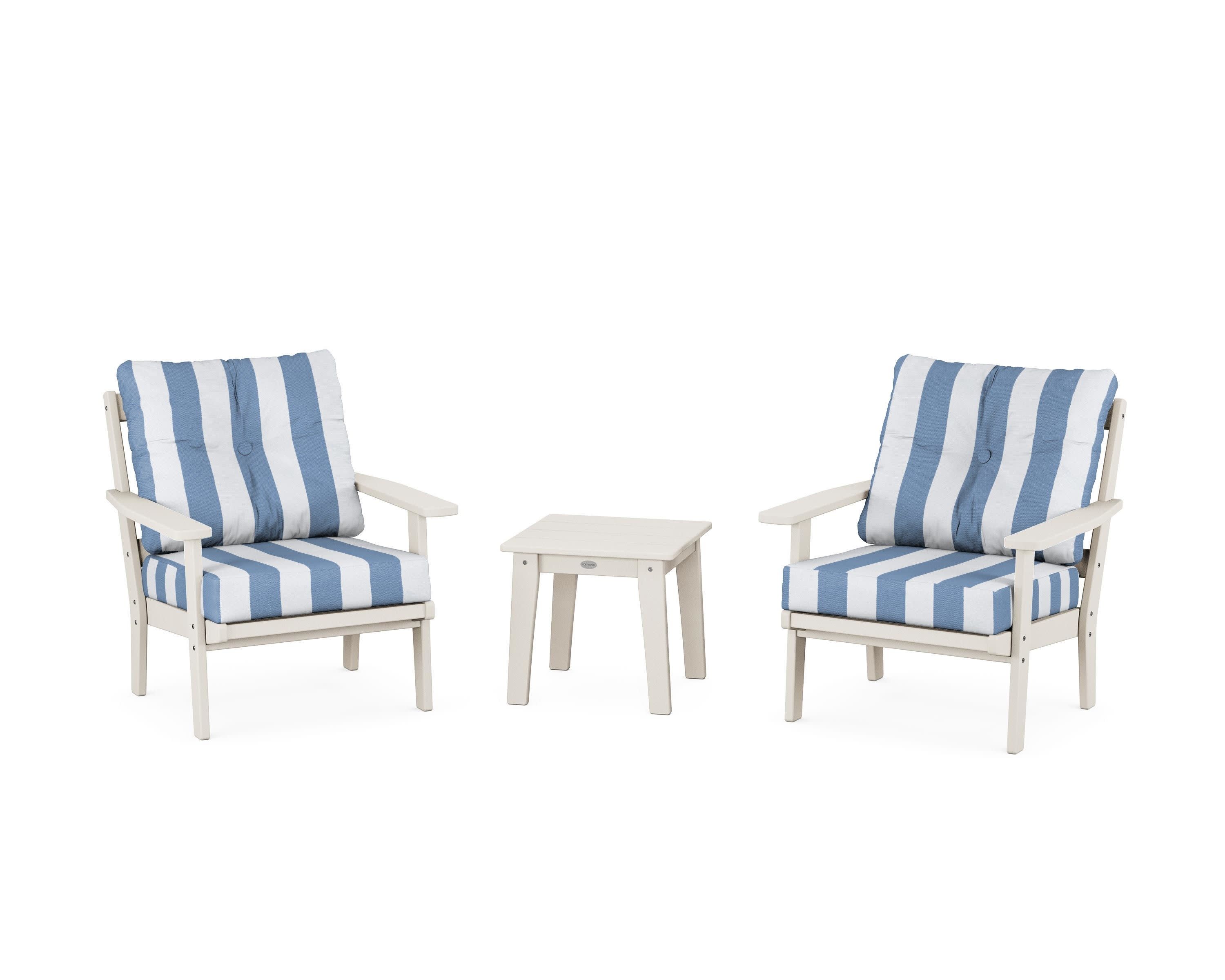 Prairie 3-Piece Deep Seating Set in Sand / Cabana Stripe Sky Blue