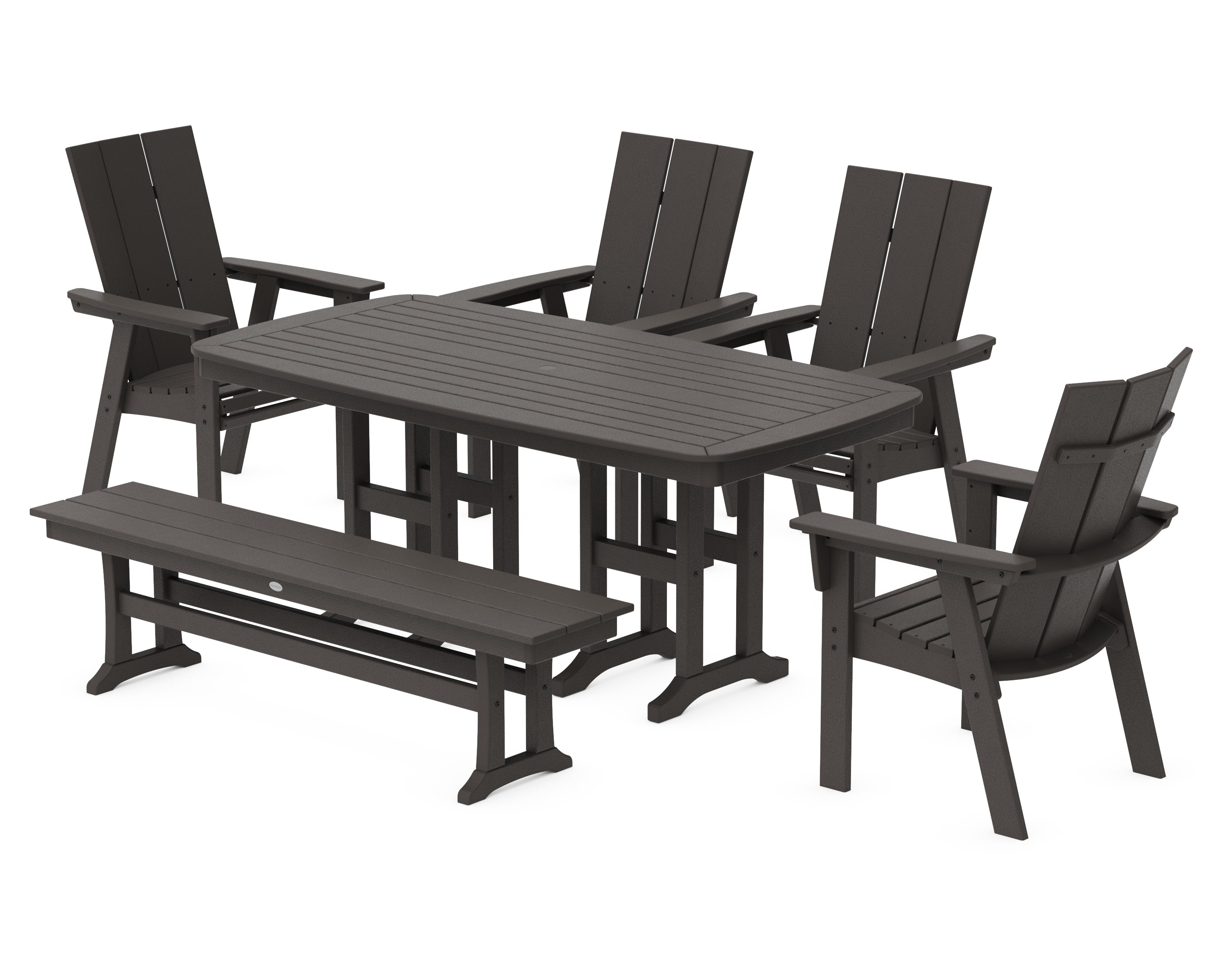 Modern Curveback Adirondack 6-Piece Dining Set with Bench in Vintage Coffee