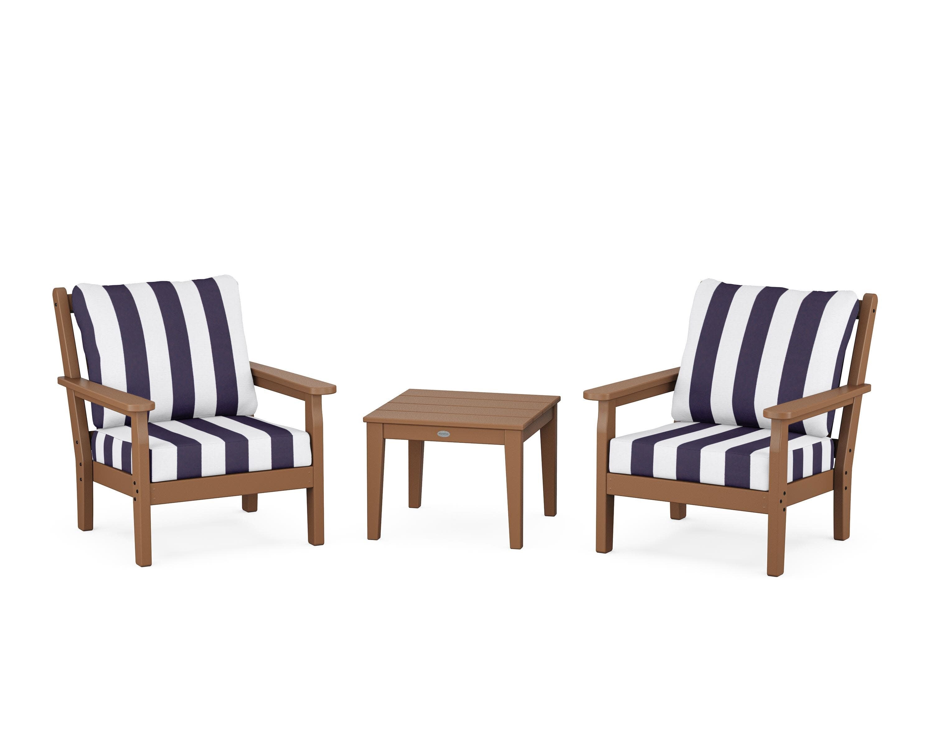 Chippendale 3-Piece Deep Seating Set in Teak / Cabana Stripe Navy