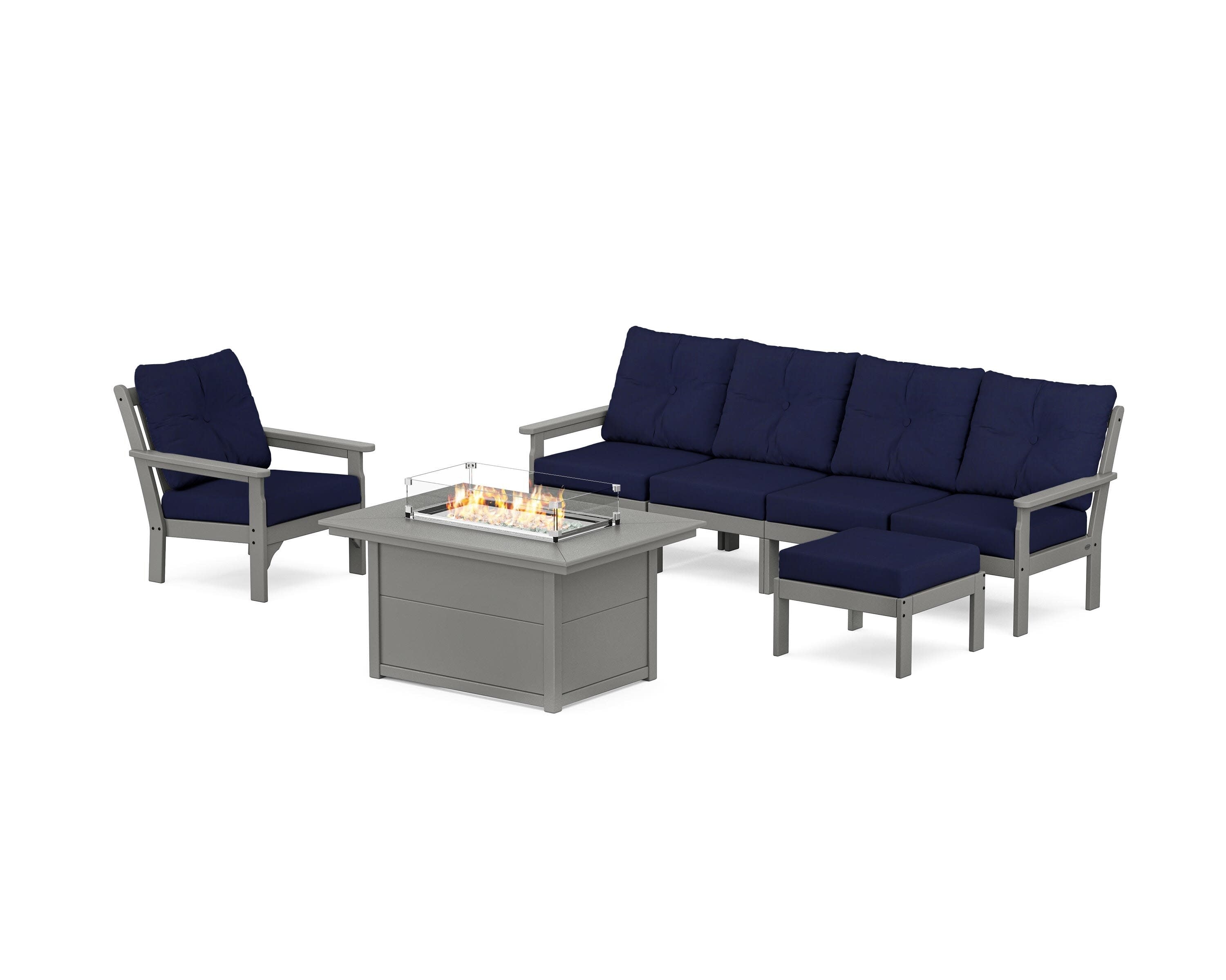 Vineyard Sectional Lounge and Fire Pit Set in Slate Grey / Navy