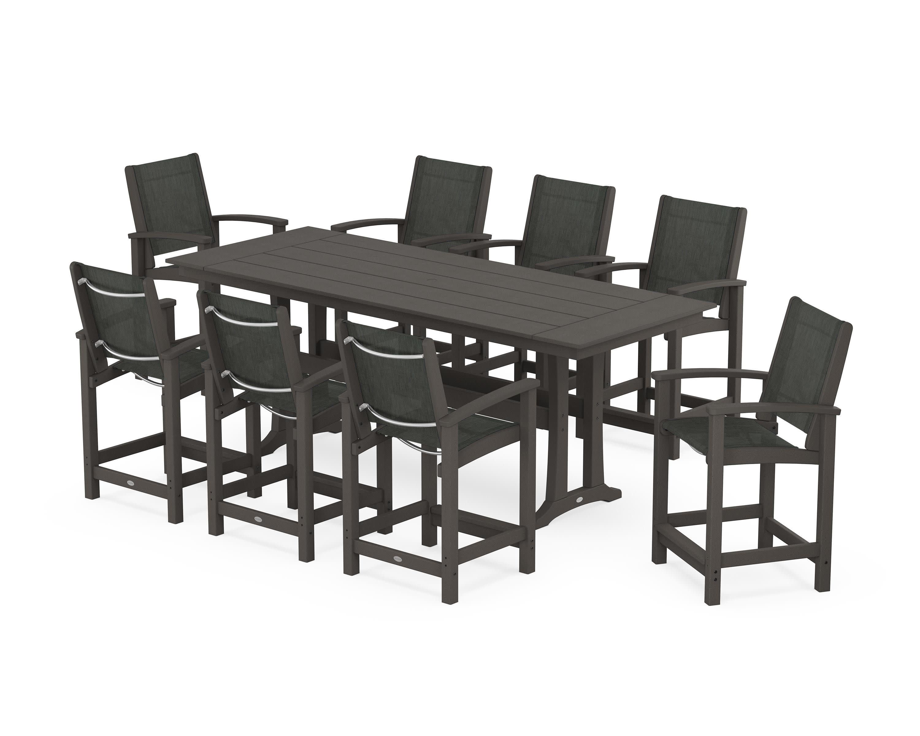 Coastal 9-Piece Farmhouse Counter Set with Trestle Legs in Vintage Coffee / Ember Sling