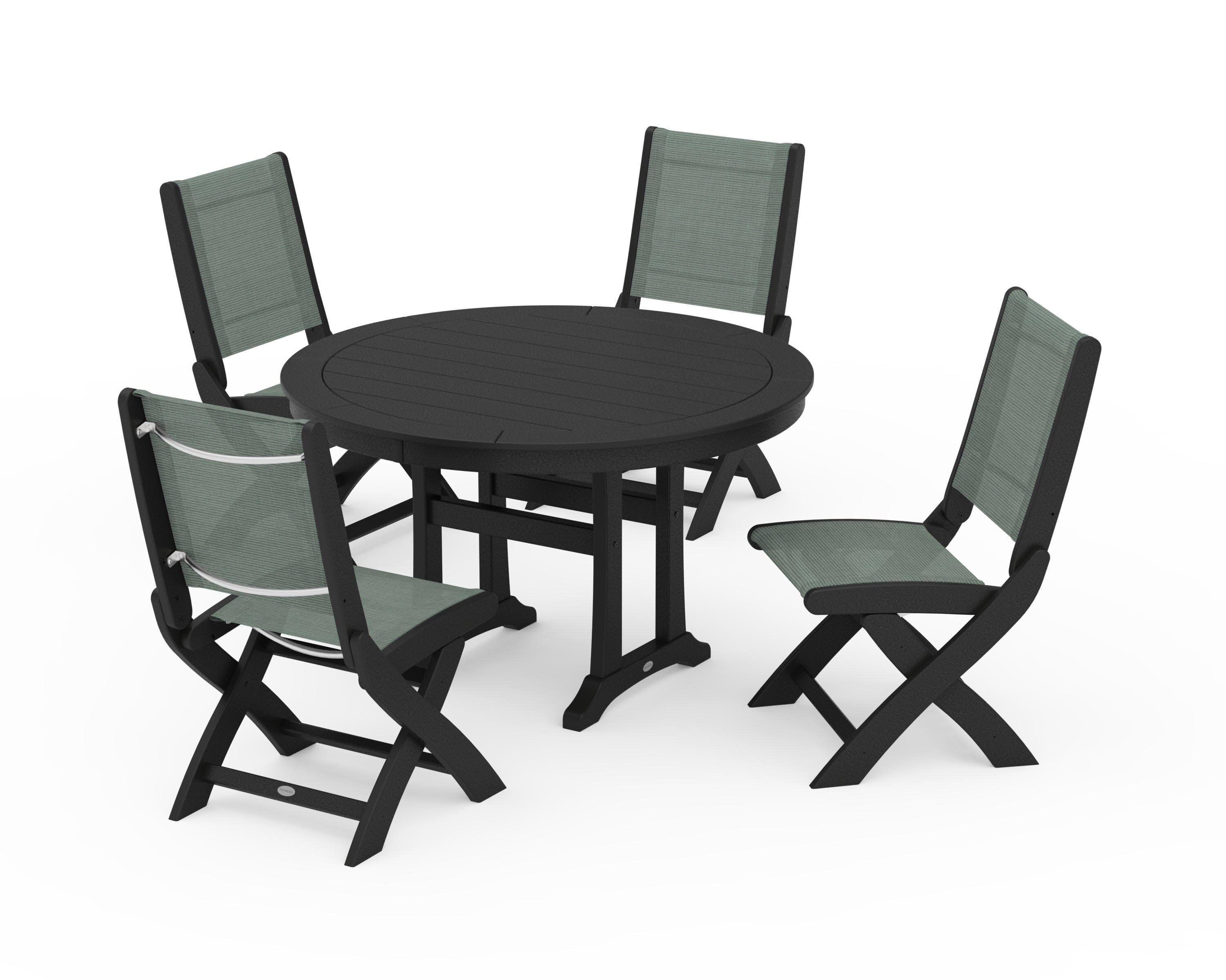 Coastal Folding Side Chair 5-Piece Round Dining Set With Trestle Legs in Black / Dupioni Sea Mist Sling