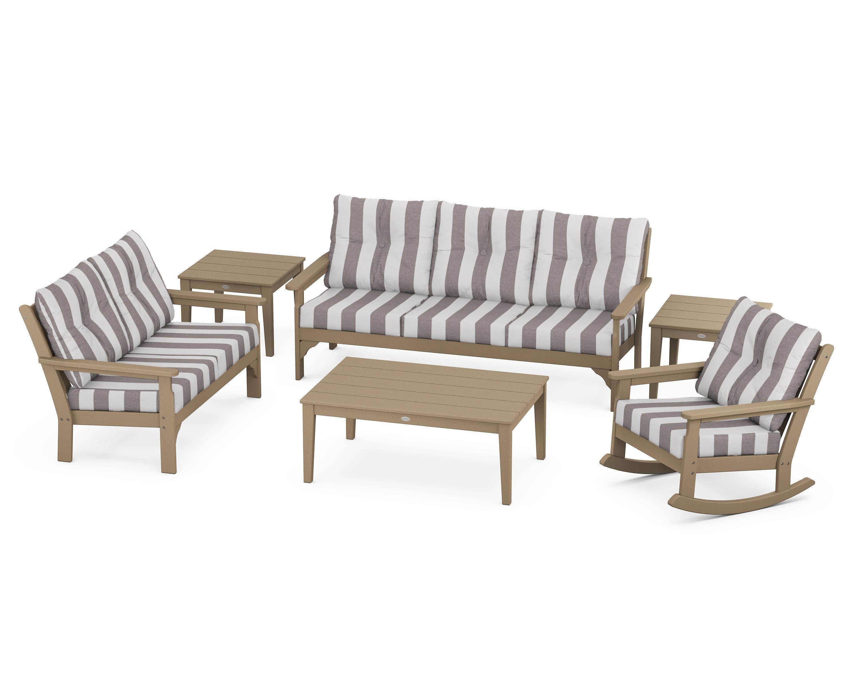 Vineyard 6-Piece Deep Seating Set in Vintage Sahara / Cabana Stripe Grey Mist