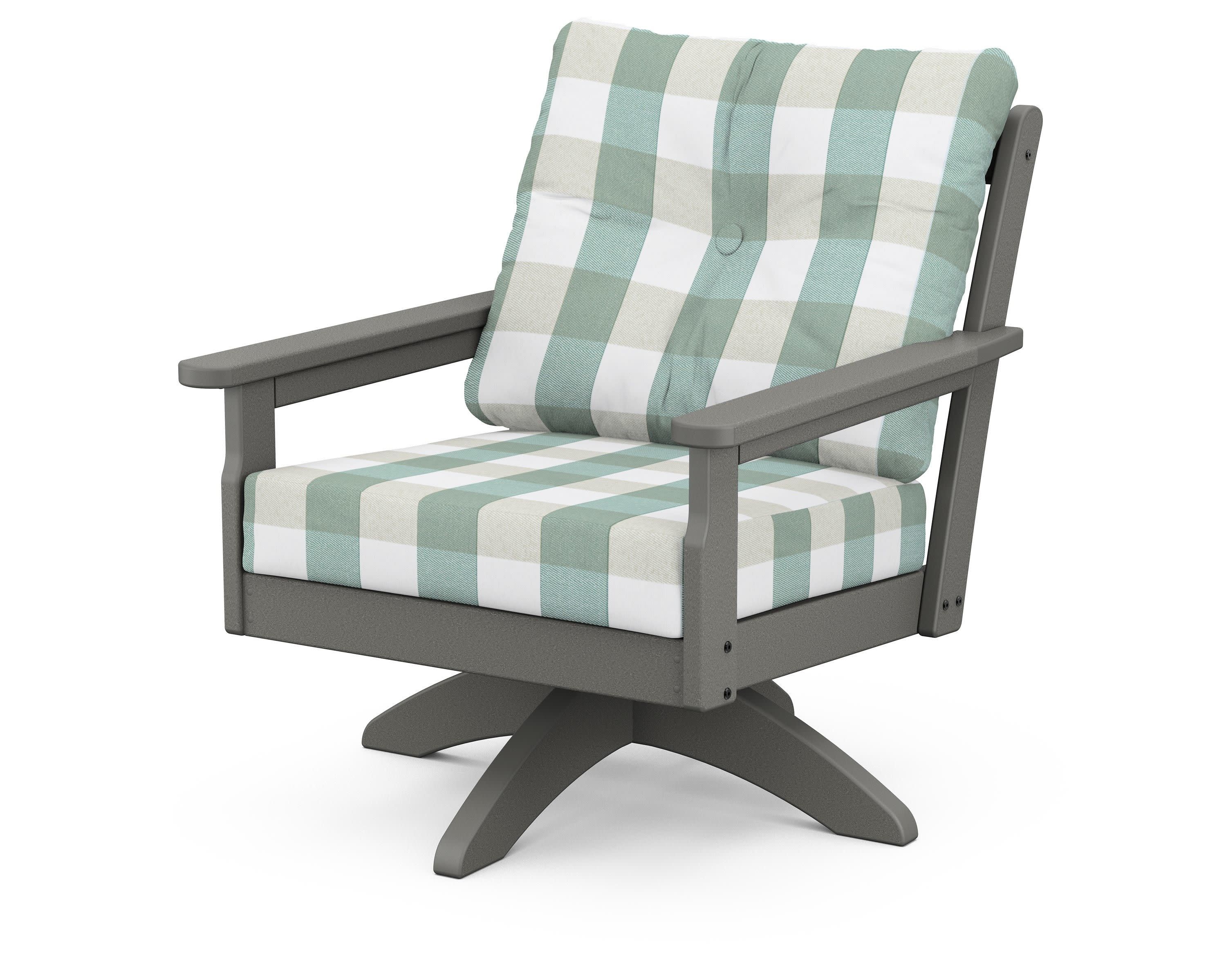 Vineyard Deep Seating Swivel Chair in Slate Grey / Buffalo Plaid Glacier Spa