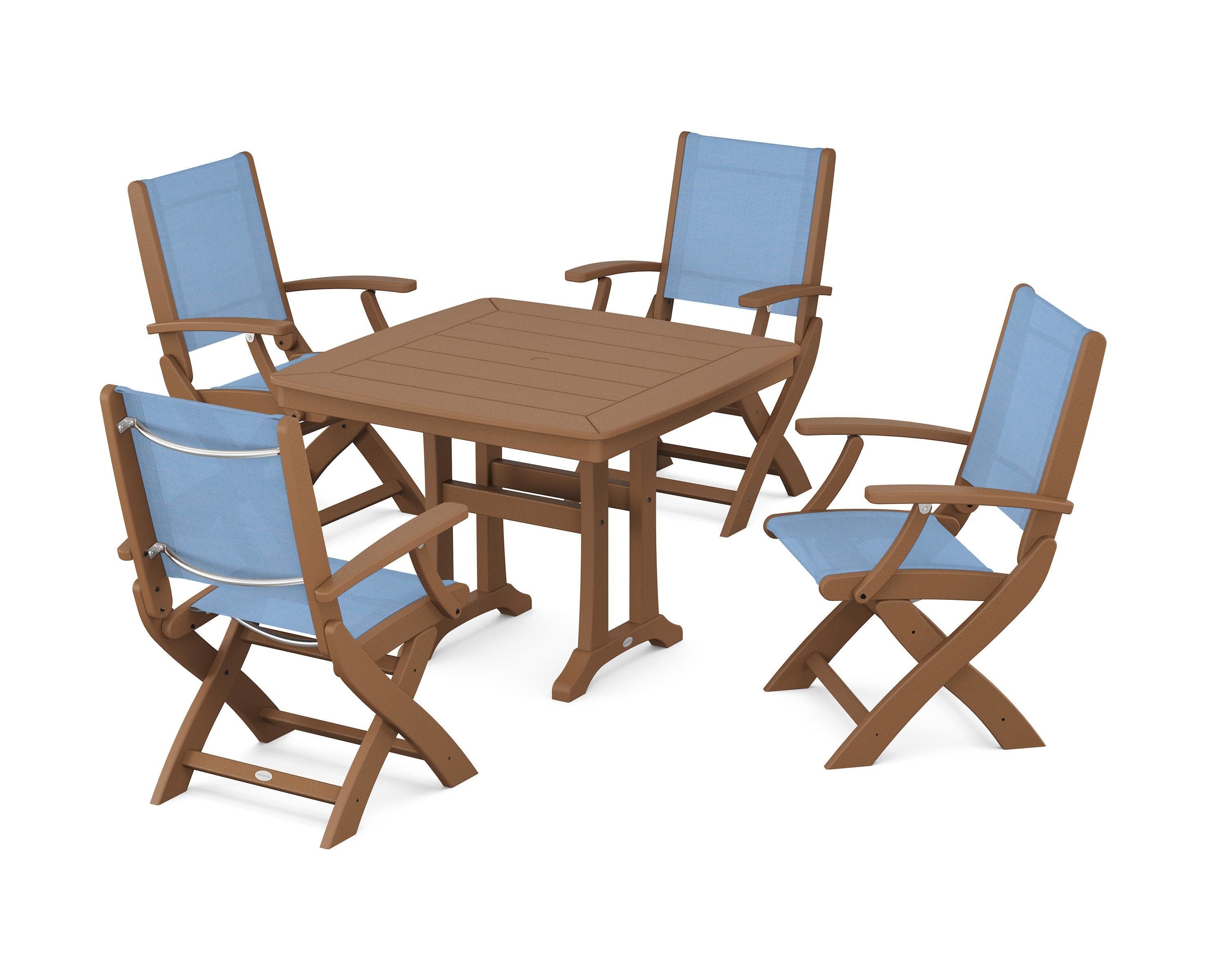Coastal Folding Chair 5-Piece Dining Set with Trestle Legs in Teak / Poolside Sling