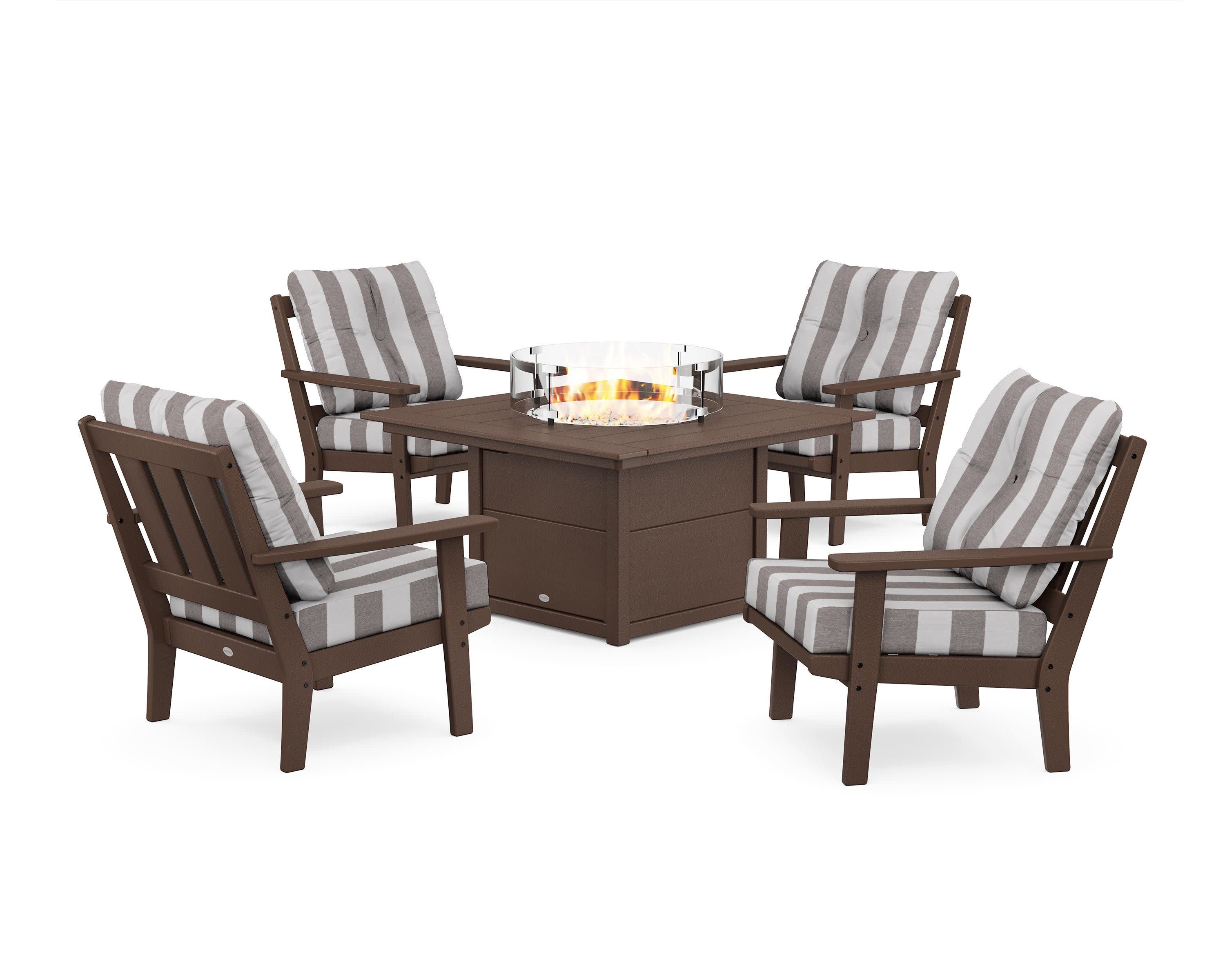 Oxford 5-Piece Deep Seating Set with Fire Pit Table in Mahogany / Cabana Stripe Grey Mist