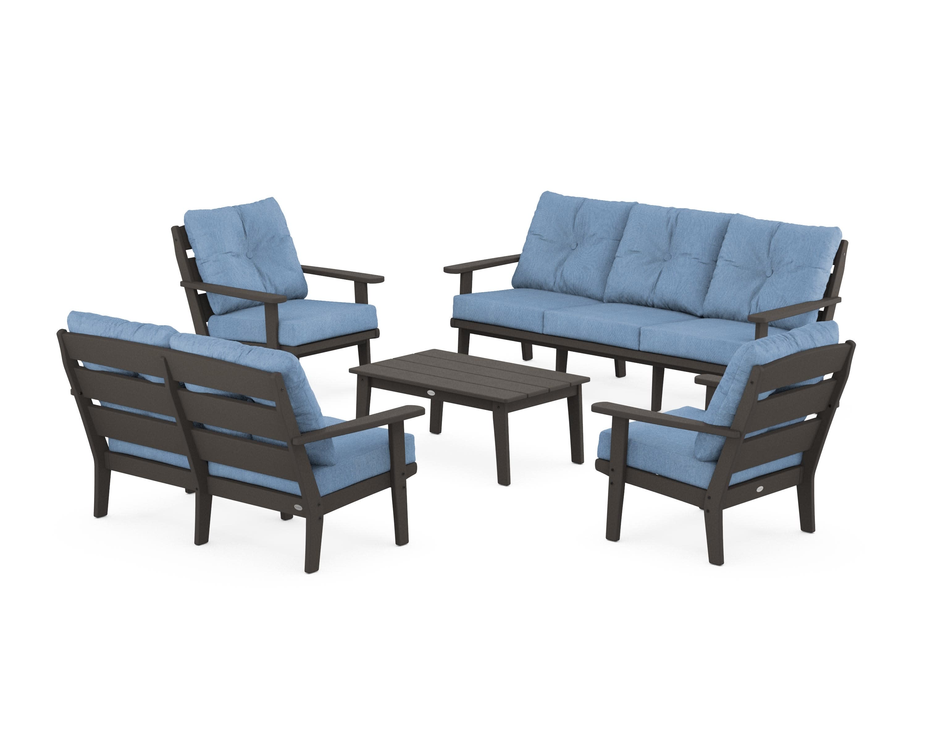 Lakeside 5-Piece Lounge Sofa Set in Vintage Coffee / Sky Blue