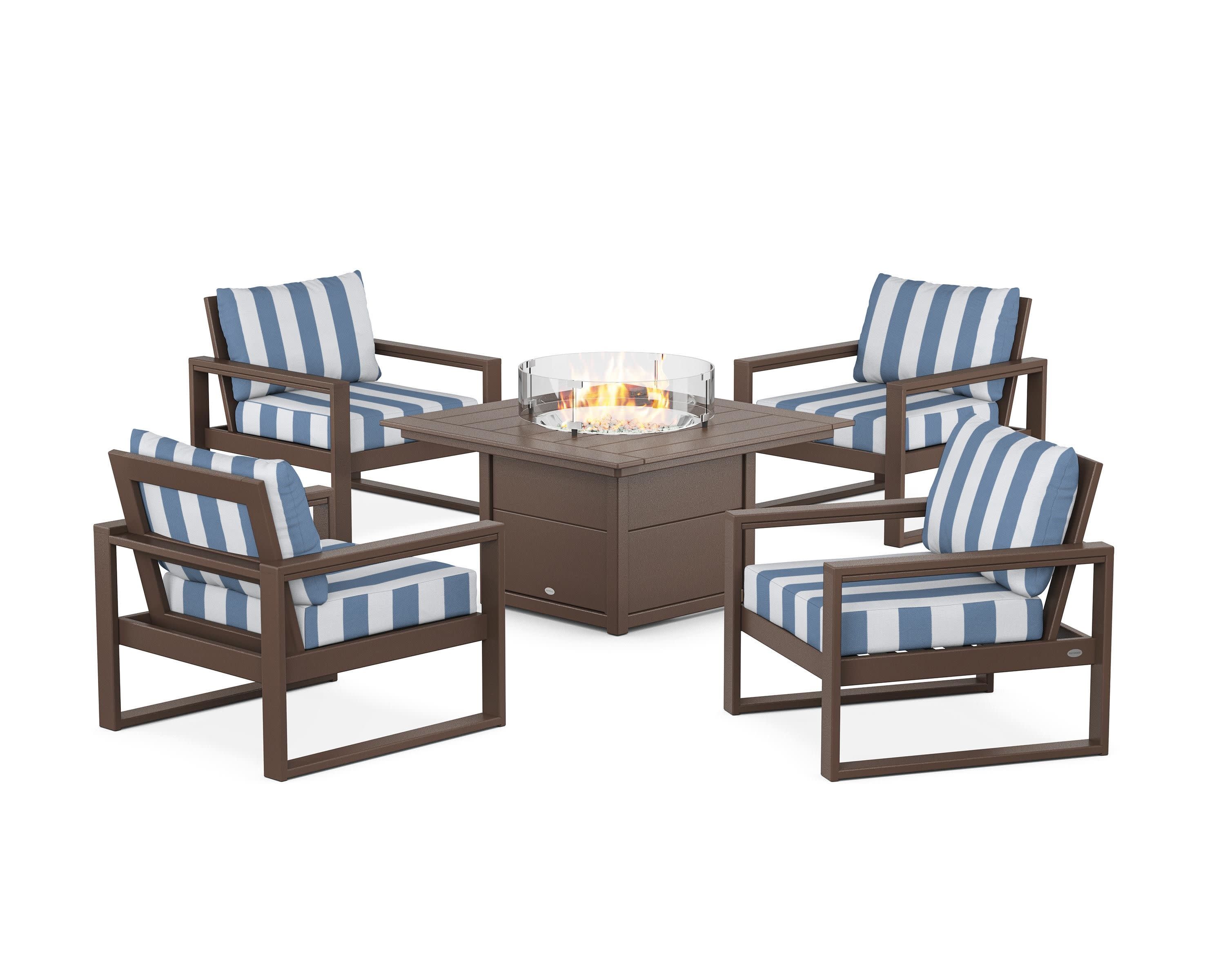 EDGE Sectional 5-Piece Deep Seating Set with Fire Pit Table in Mahogany / Cabana Stripe Sky Blue