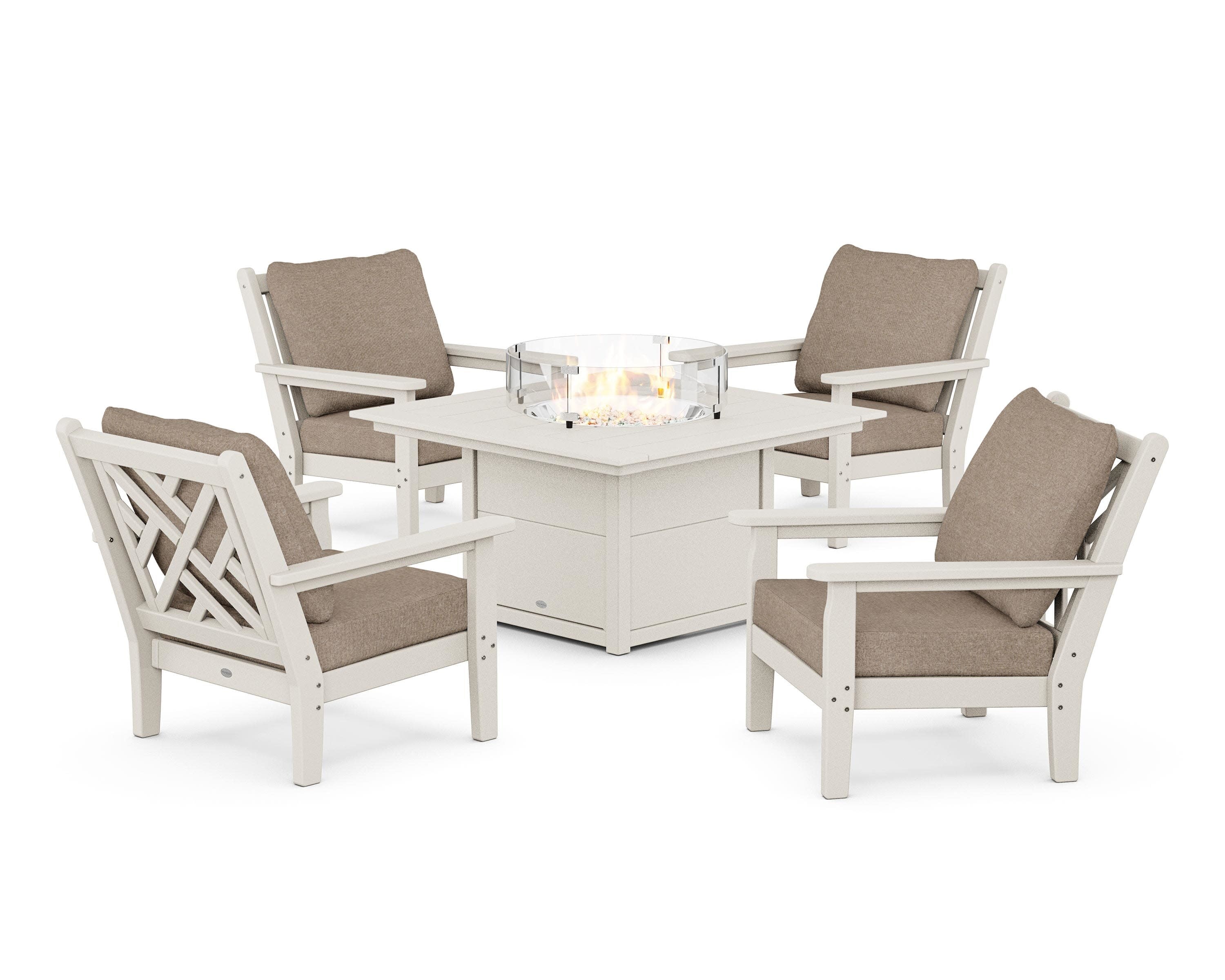 Chippendale 5-Piece Deep Seating Set with Fire Pit Table in Sand / Spiced Burlap
