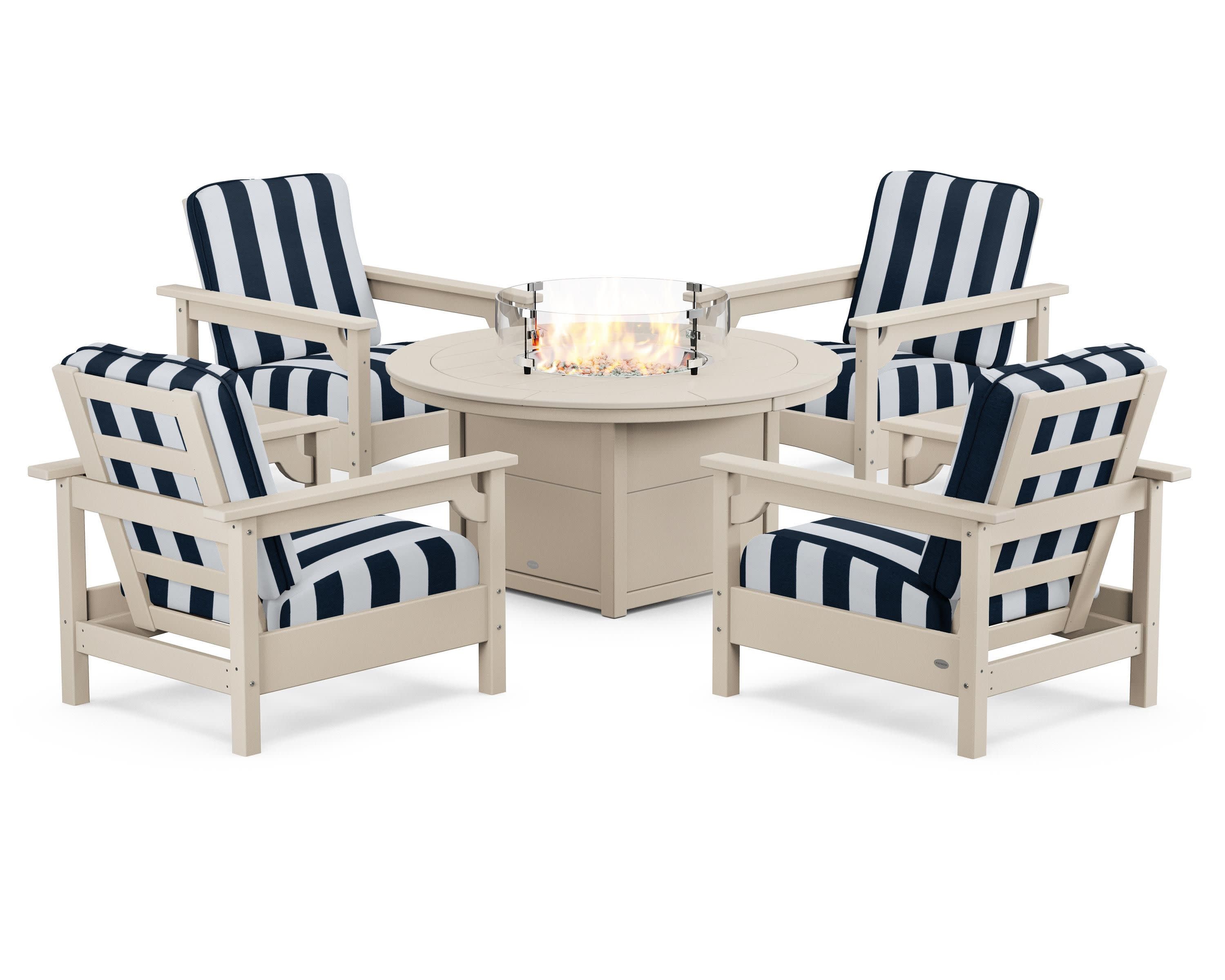 Club 5-Piece Conversation Set with Fire Pit Table in Sand / Cabana Stripe Marine Indigo