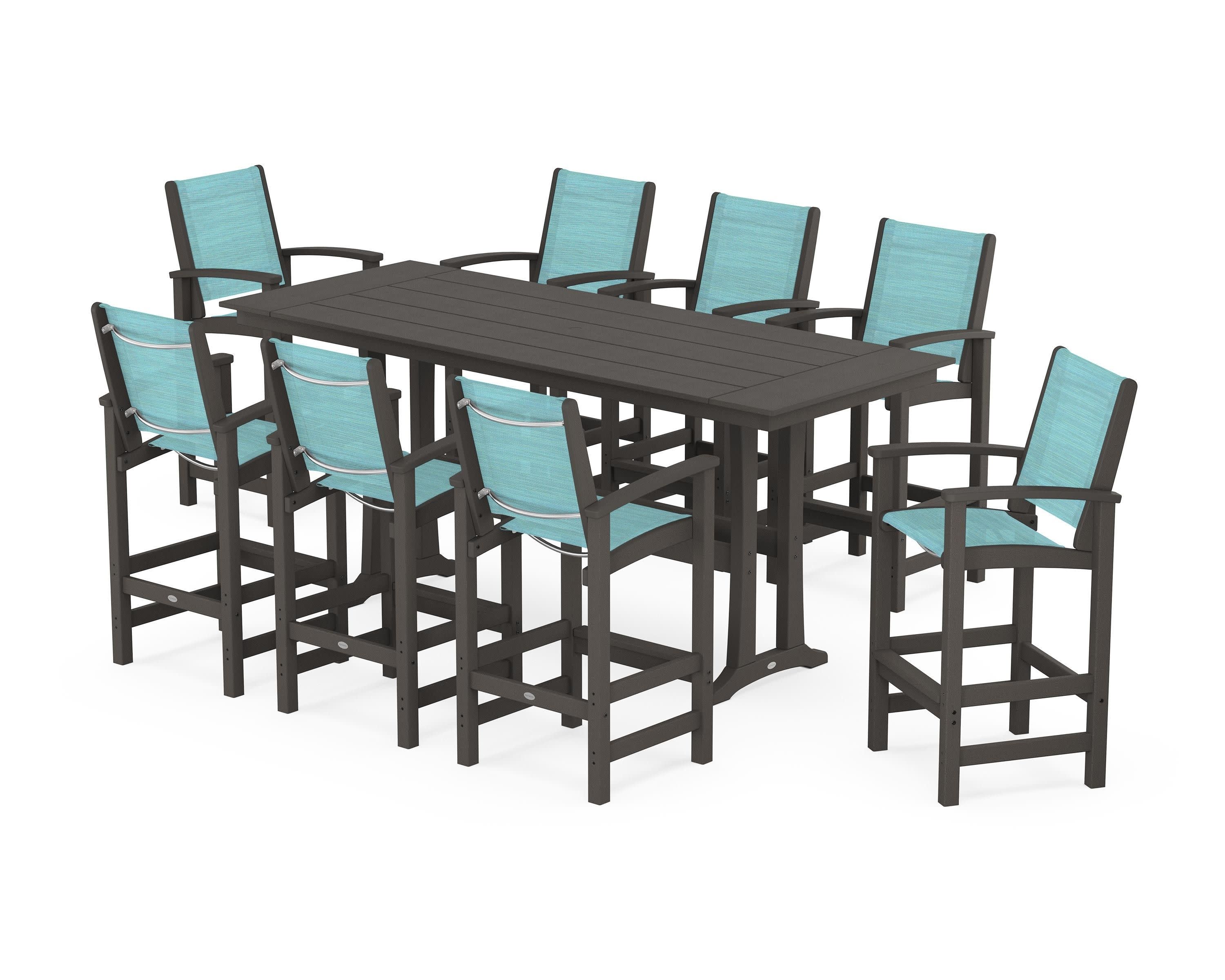 Coastal 9-Piece Farmhouse Bar Set with Trestle Legs in Vintage Coffee / Dupioni Aquamarine Sling
