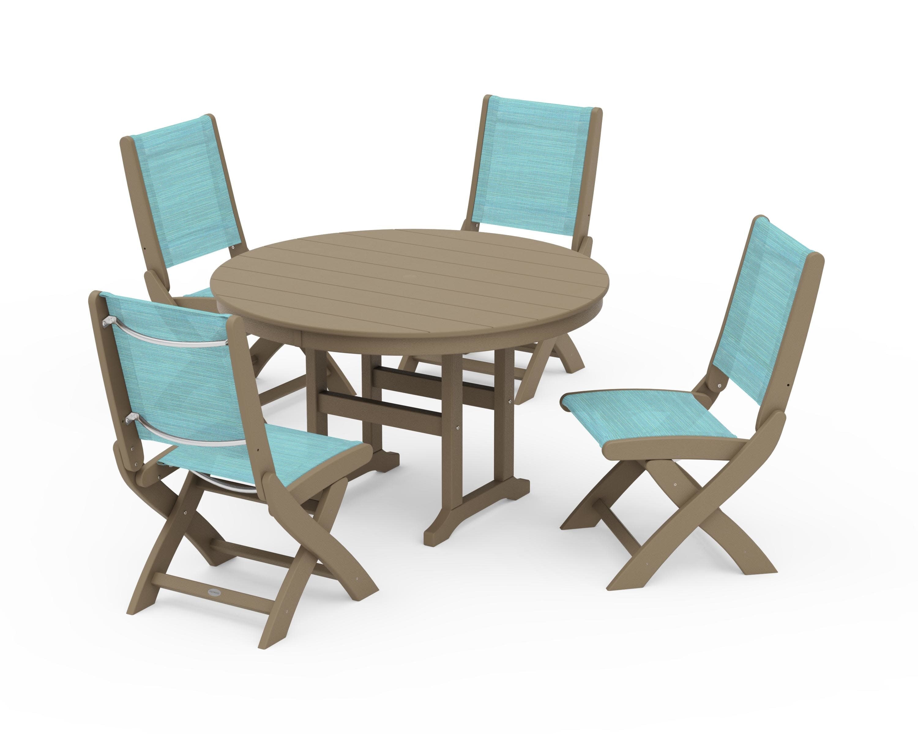 Coastal Folding Side Chair 5-Piece Round Dining Set in Vintage Sahara / Dupioni Aquamarine Sling