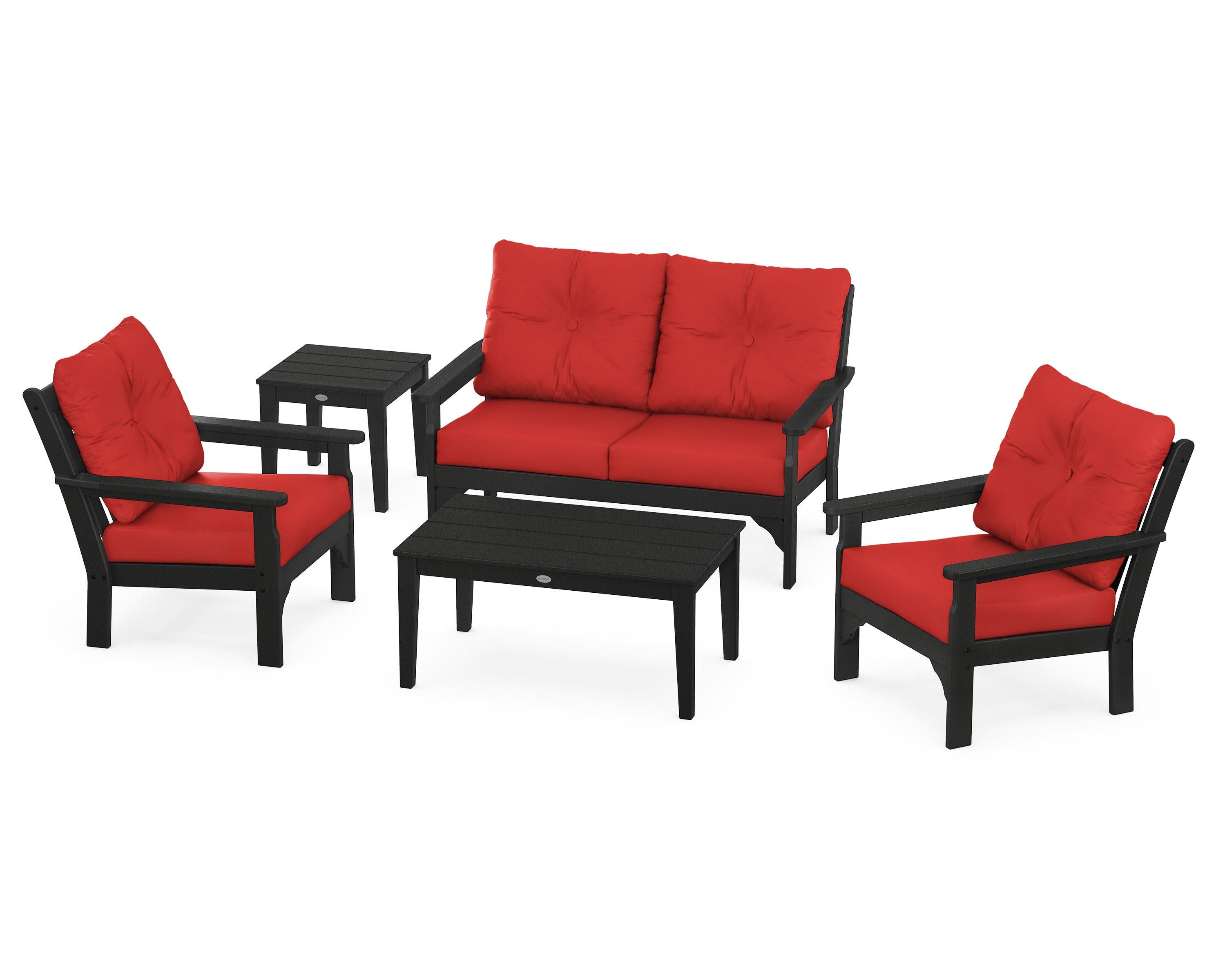 Vineyard 5-Piece Deep Seating Set in Black / Crimson Linen