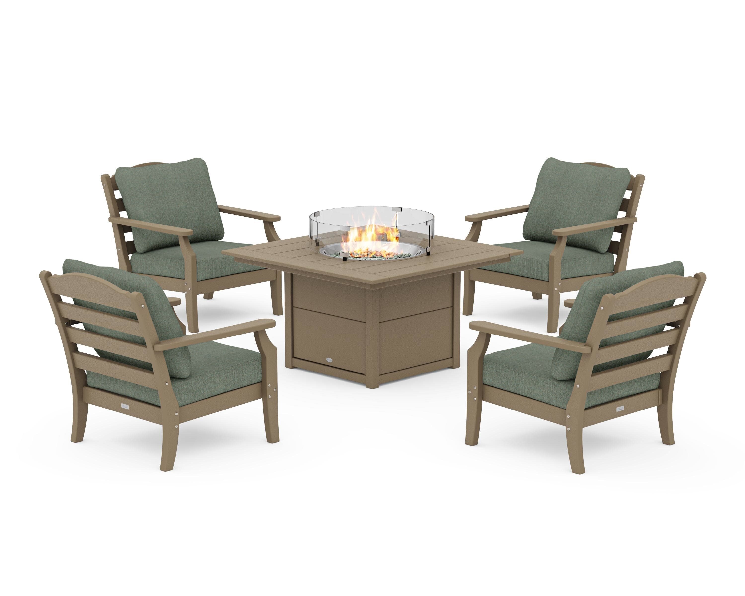 Savannah 5-Piece Deep Seating Set with Fire Pit Table in Vintage Sahara / Cast Sage