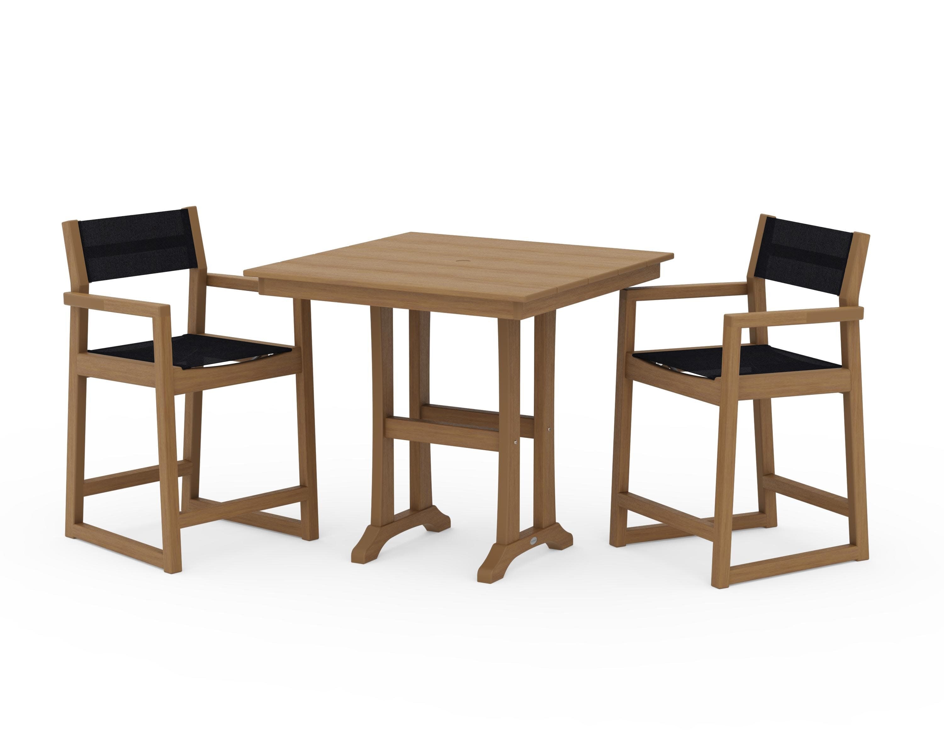 EDGE Sling Arm Chair 3-Piece Farmhouse Counter Set with Trestle Legs in Natural / Black Sling