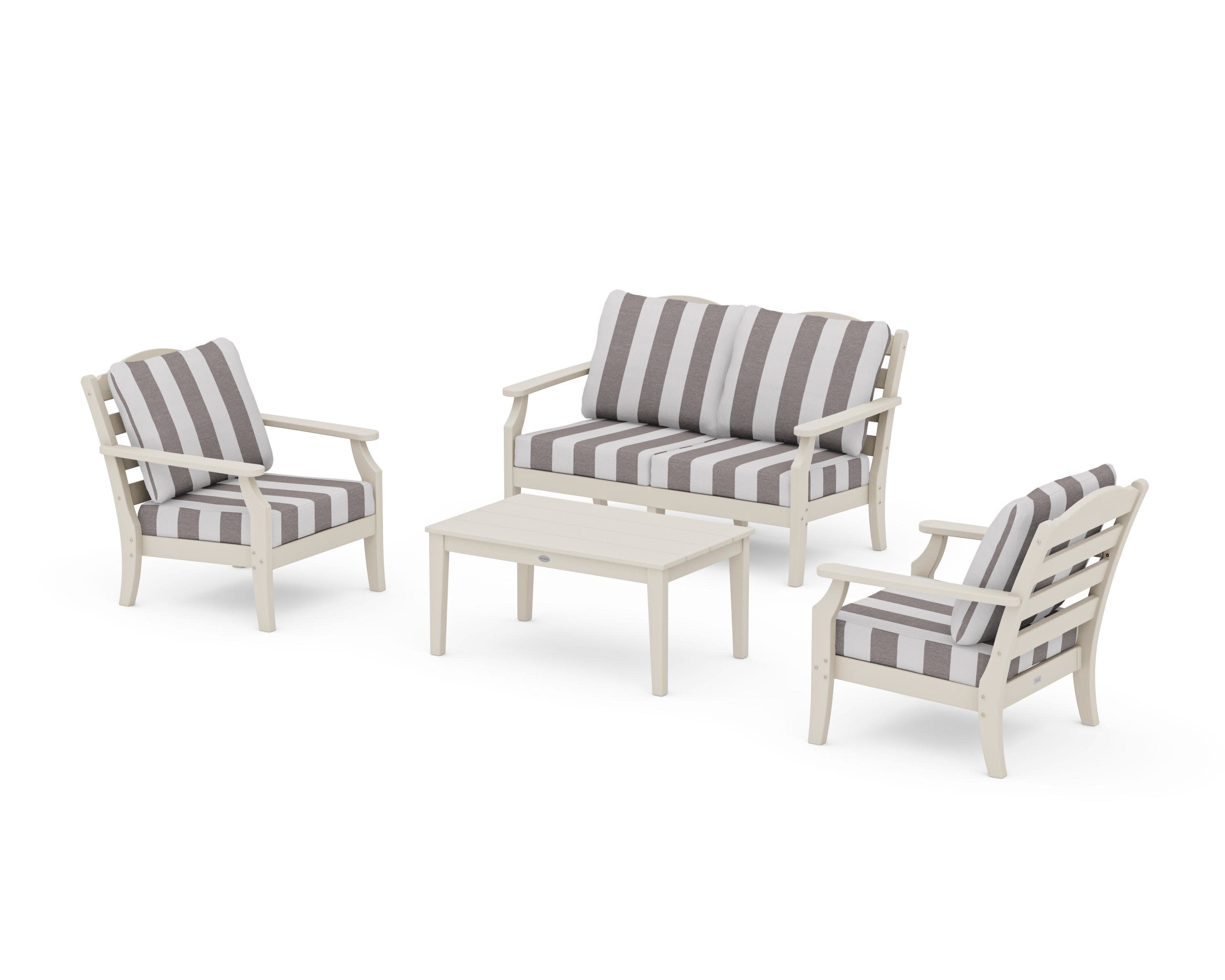Savannah 4-Piece Deep Seating Set with Loveseat in Sand / Cabana Stripe Grey Mist