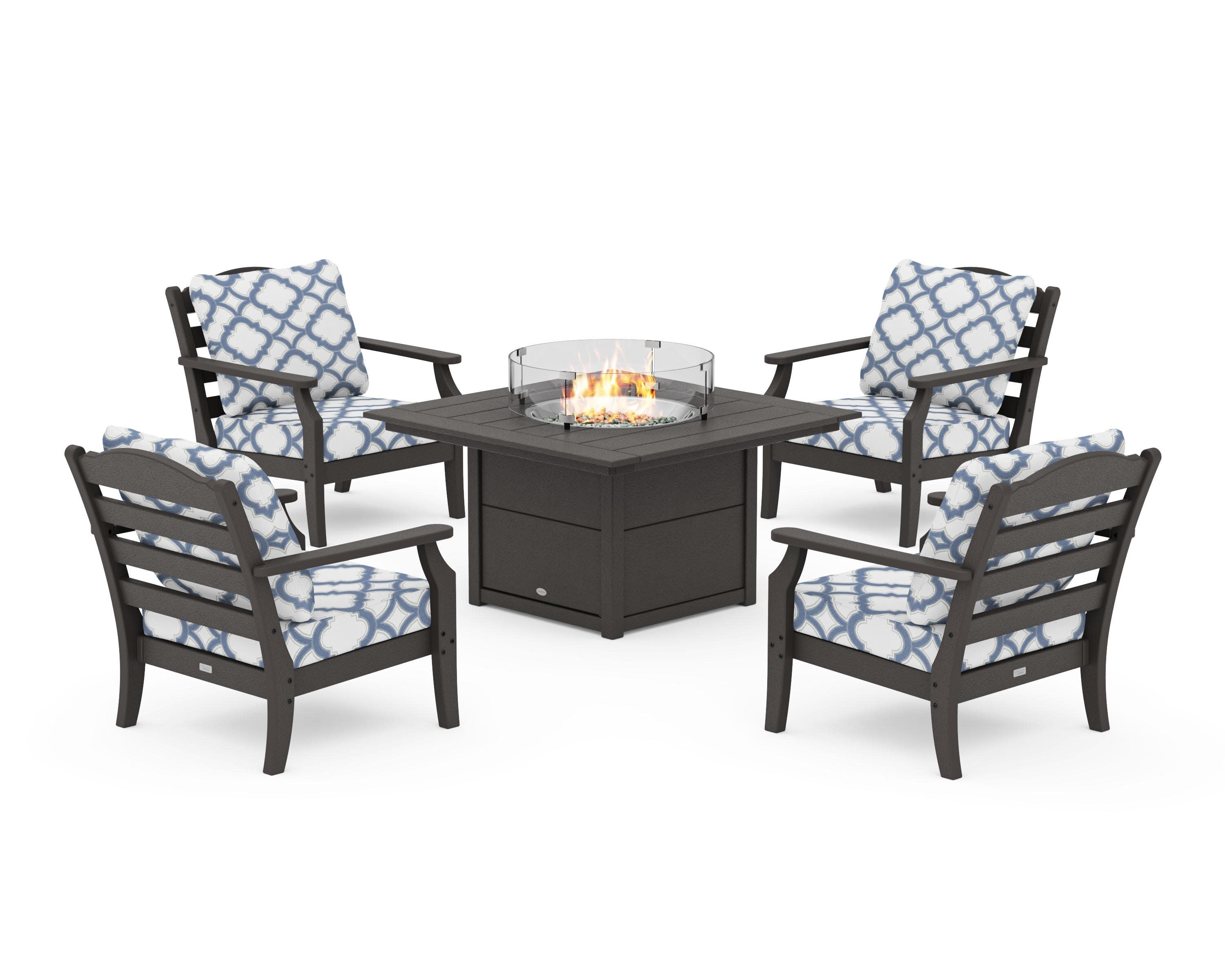 Savannah 5-Piece Deep Seating Set with Fire Pit Table in Vintage Coffee / Trellis Sky Blue