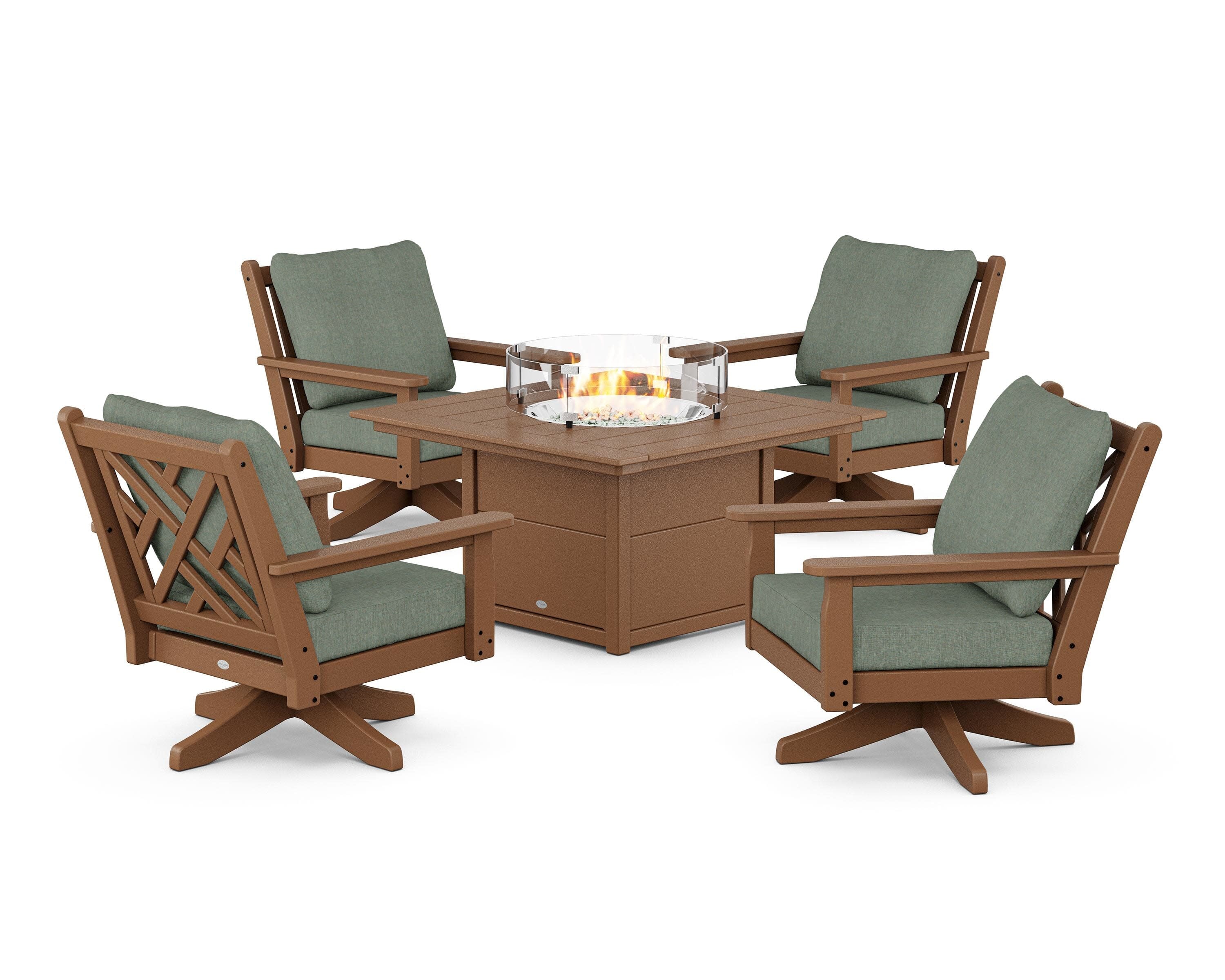 Chippendale 5-Piece Deep Seating Swivel Conversation Set with Fire Pit Table in Teak / Cast Sage