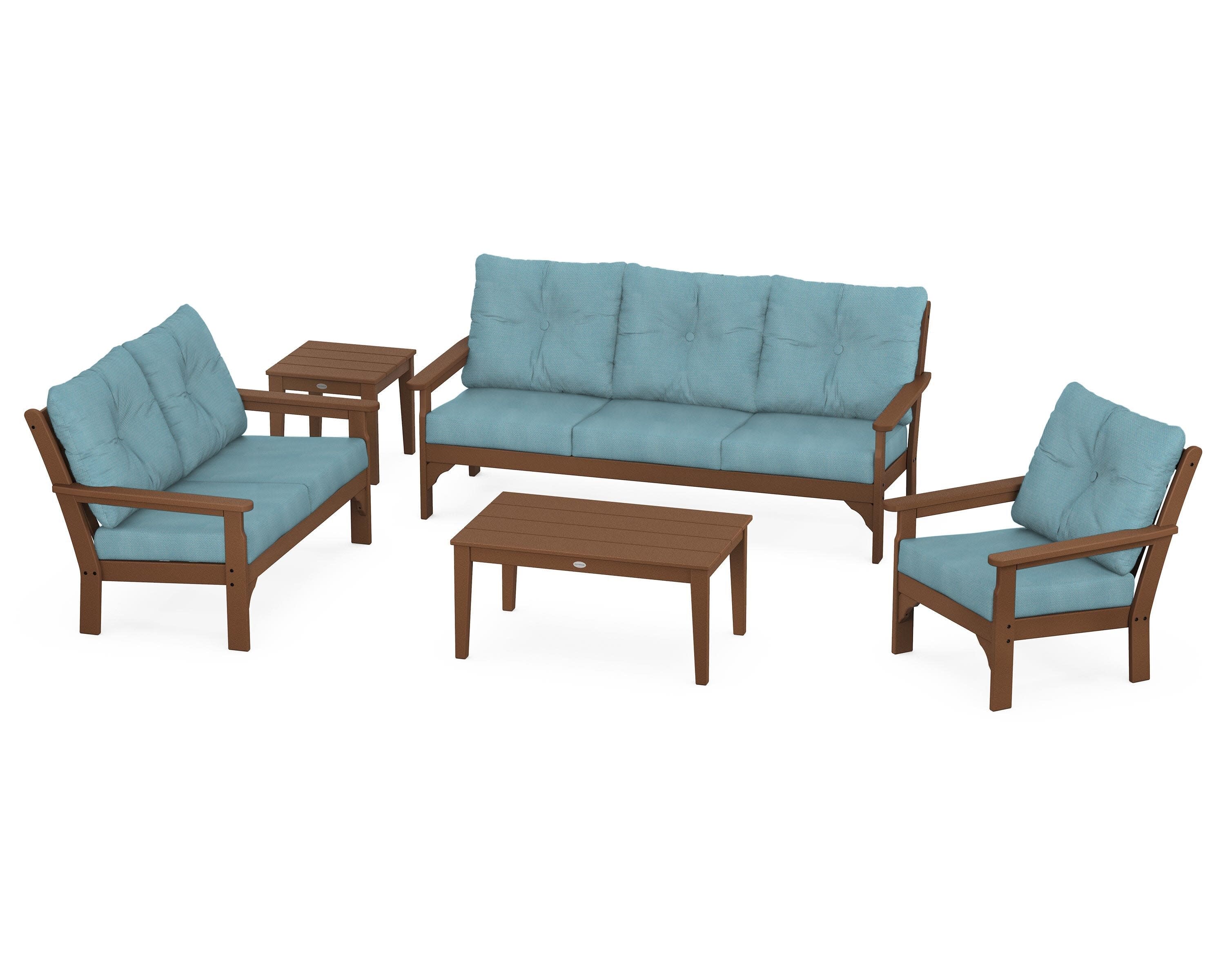 Vineyard 5 Piece Deep Seating Set in Teak / Lattice Sky Blue