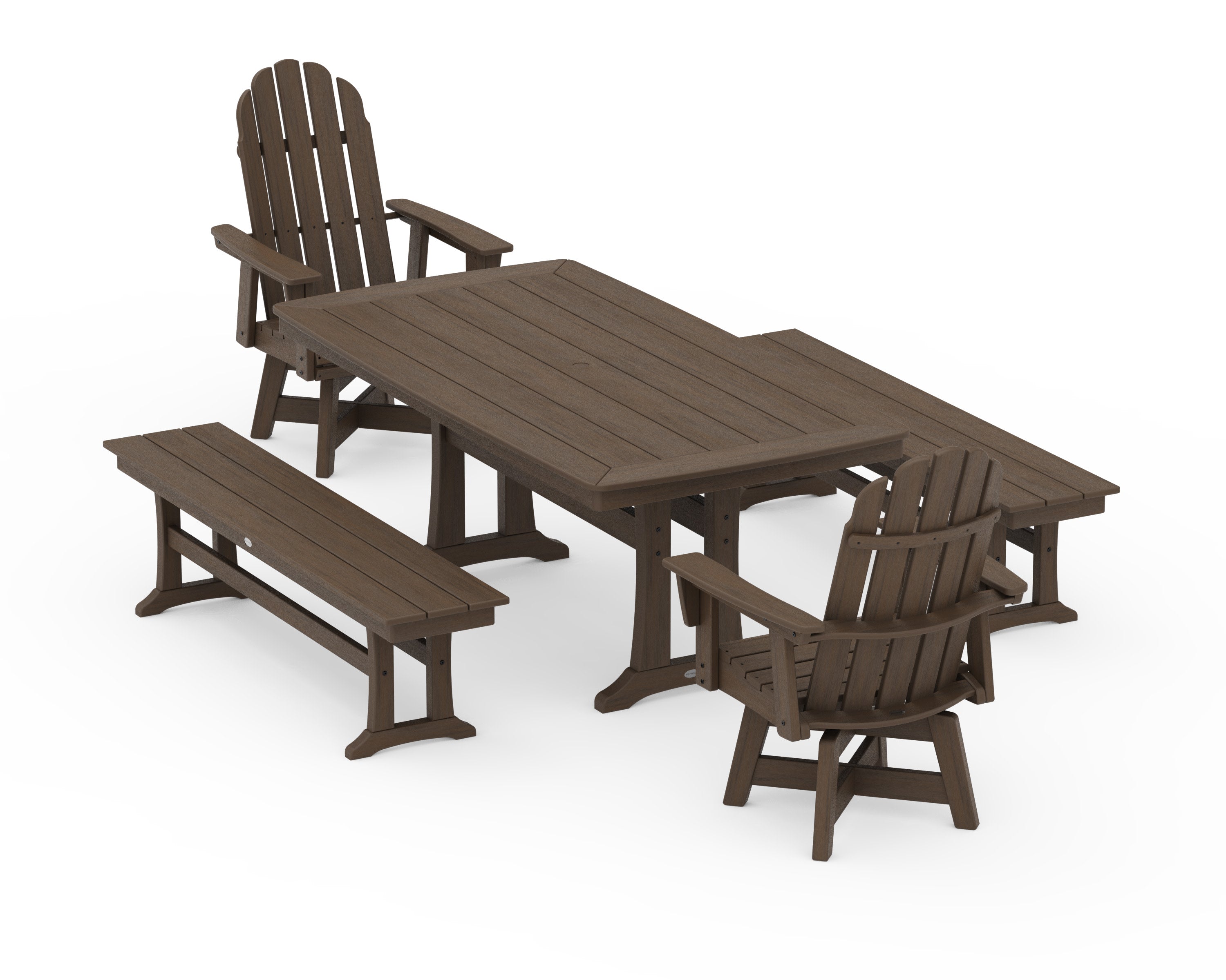 Vineyard Adirondack Swivel Chair 5-Piece Dining Set with Trestle Legs and Benches in Kona