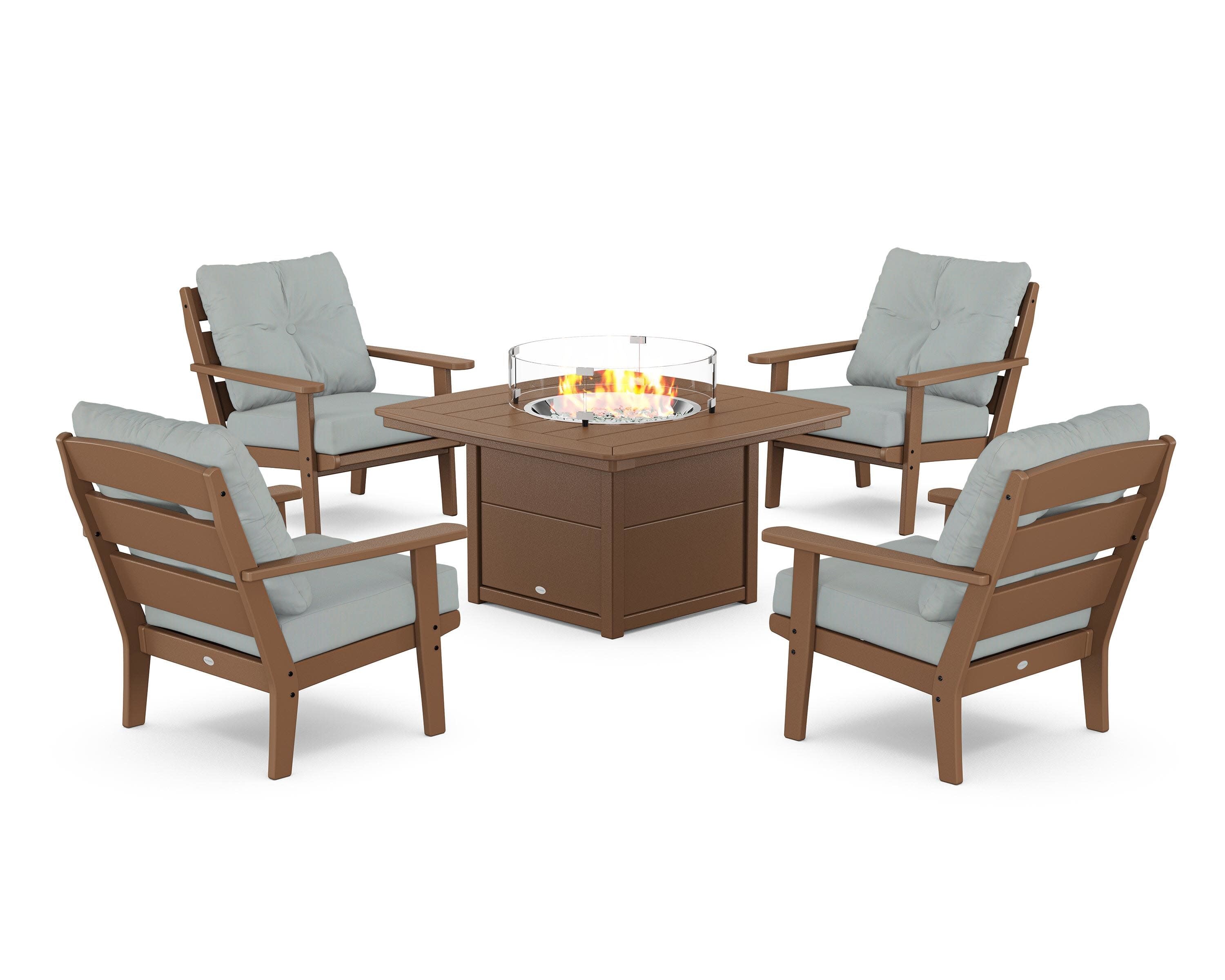Lakeside 5-Piece Deep Seating Set with Nautical Fire Pit Table in Teak / Spa
