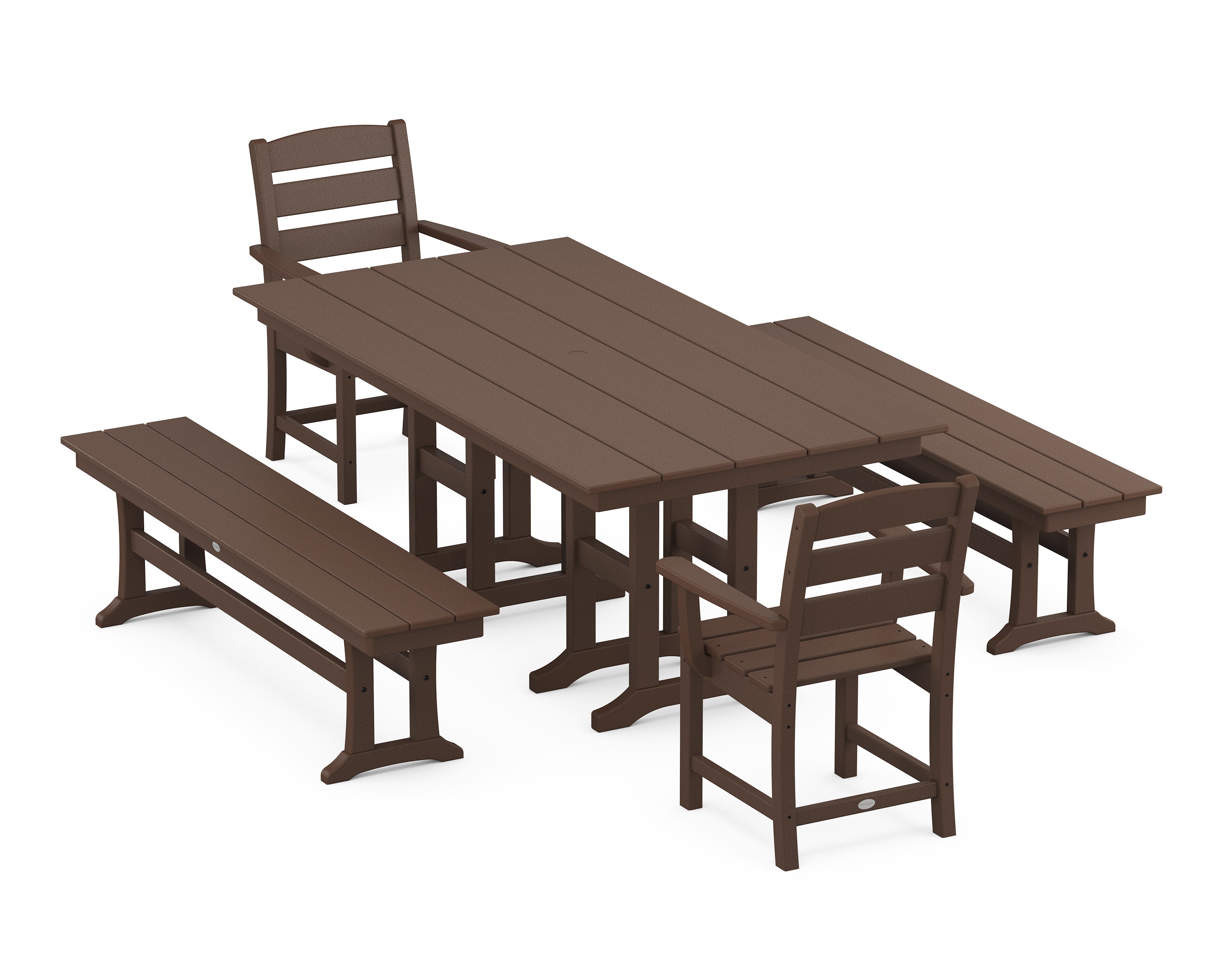 Lakeside 5-Piece Farmhouse Dining Set with Benches in Mahogany