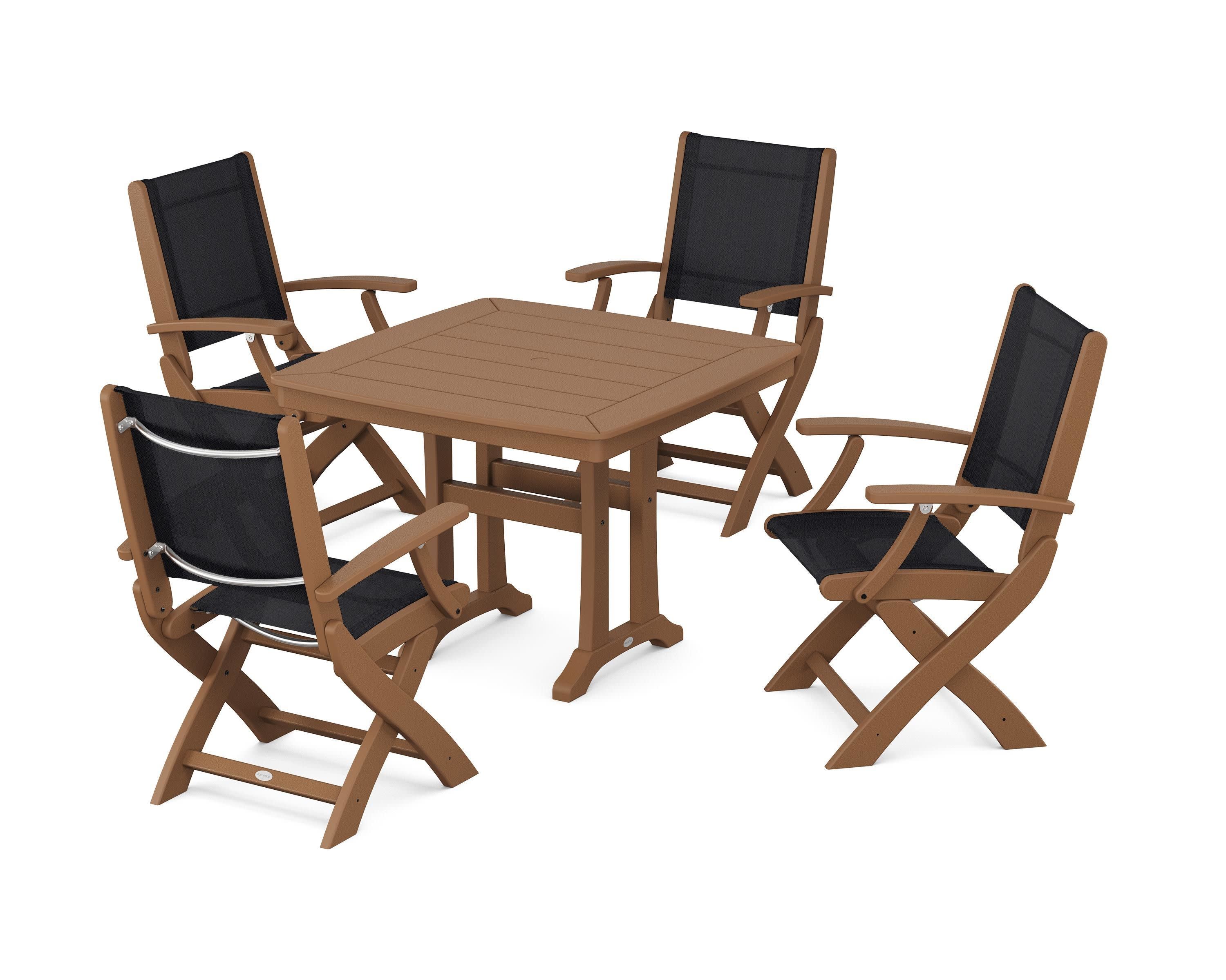 Coastal Folding Chair 5-Piece Dining Set with Trestle Legs in Teak / Black Sling