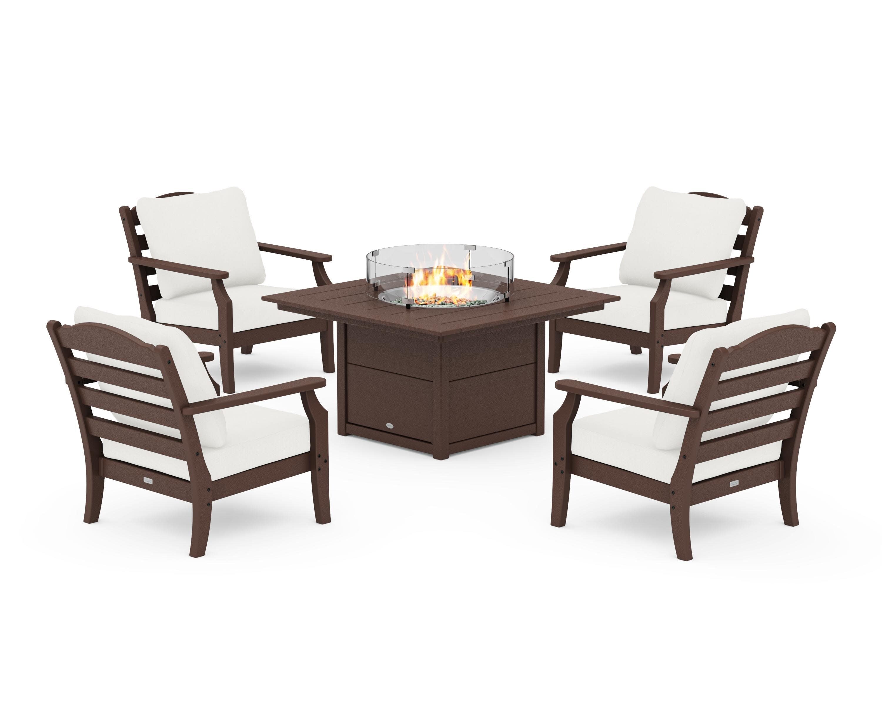 Savannah 5-Piece Deep Seating Set with Fire Pit Table in Mahogany / Natural Linen