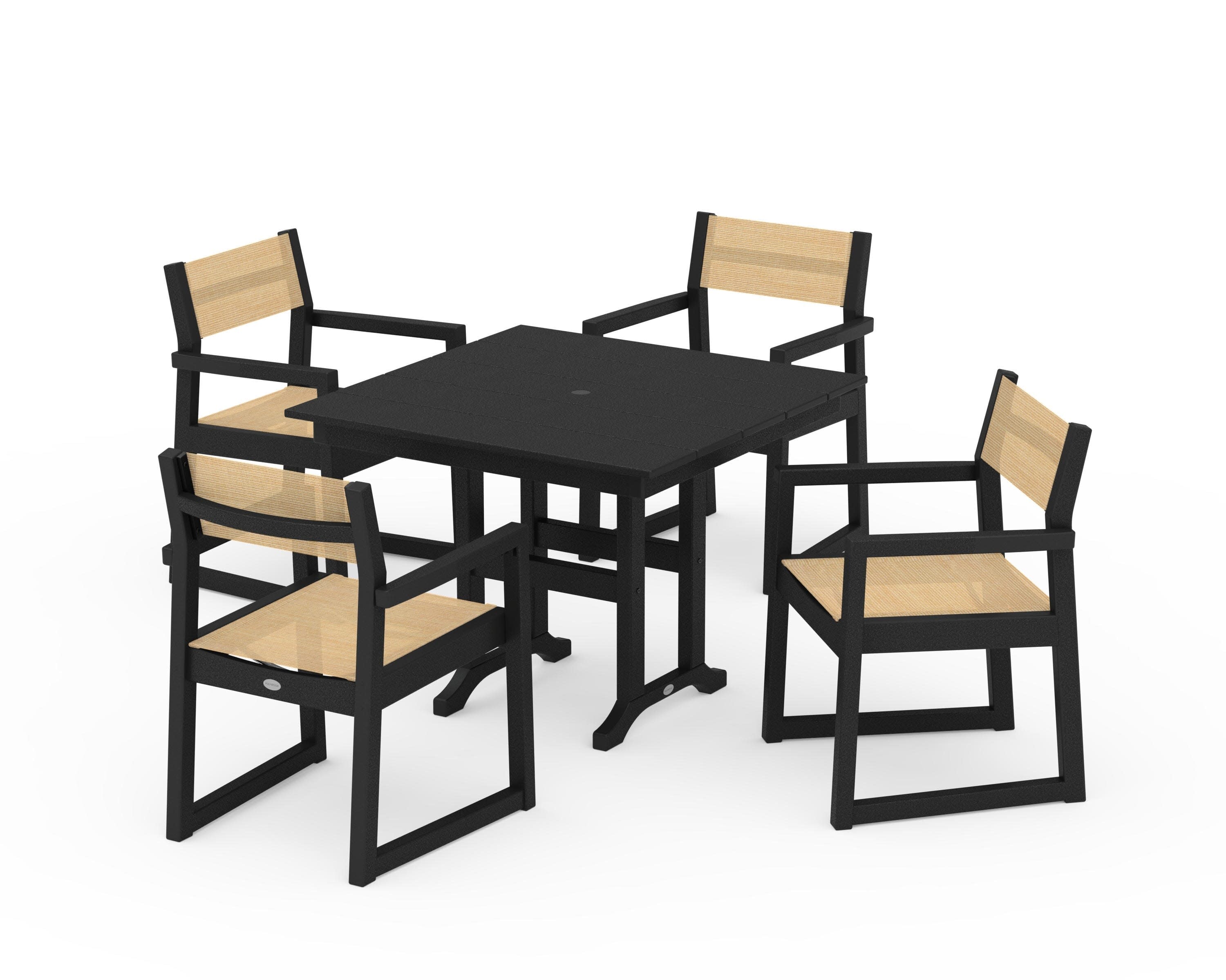 EDGE Sling Arm Chair 5-Piece Farmhouse Dining Set in Black / Dupioni Apricot Sling