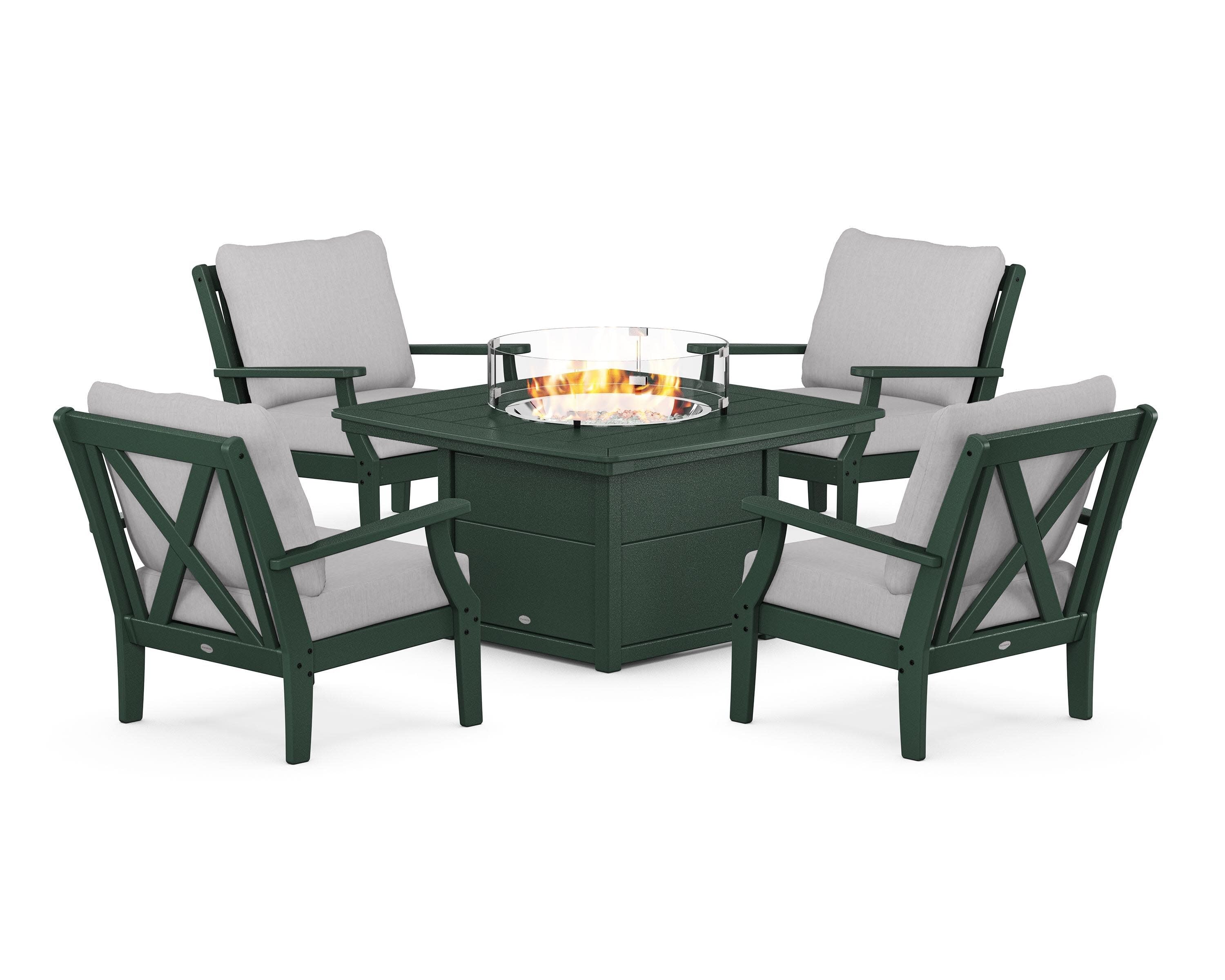 Braxton 5-Piece Deep Seating Conversation Set with Fire Pit Table in Green / Granite