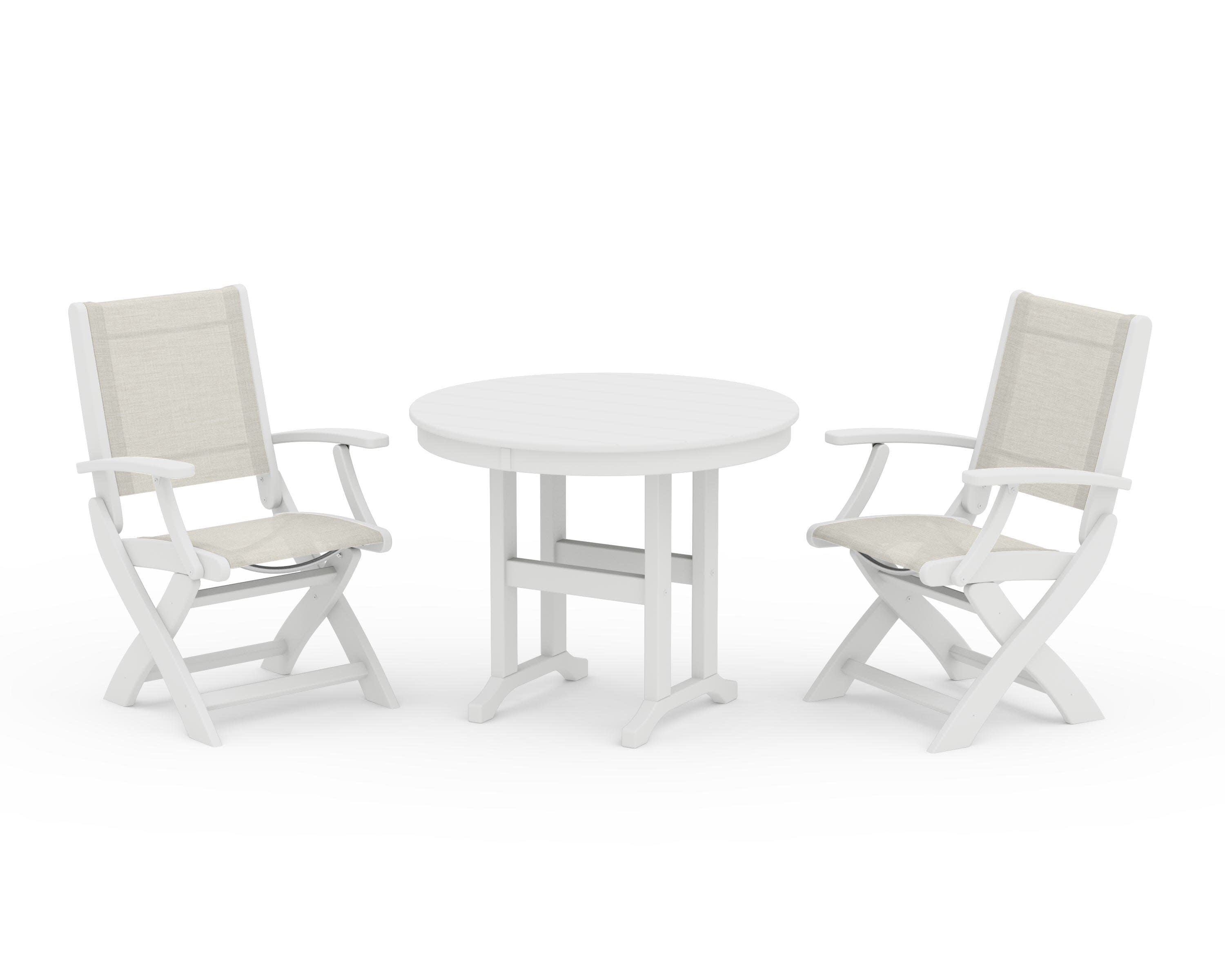 Coastal Folding Chair 3-Piece Round Dining Set in White / Parchment Sling