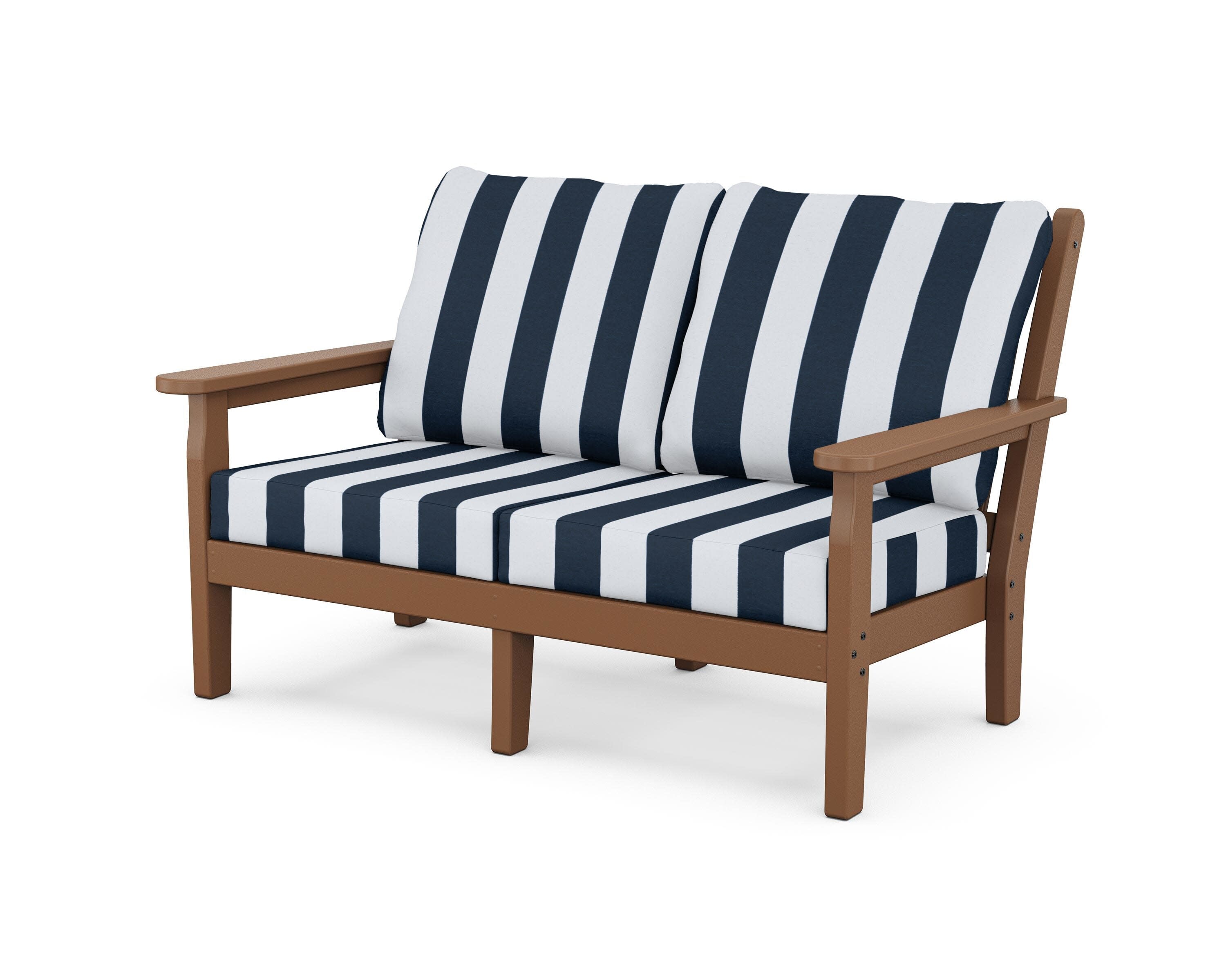 Chippendale Deep Seating Loveseat in Teak / Cabana Stripe Marine Indigo