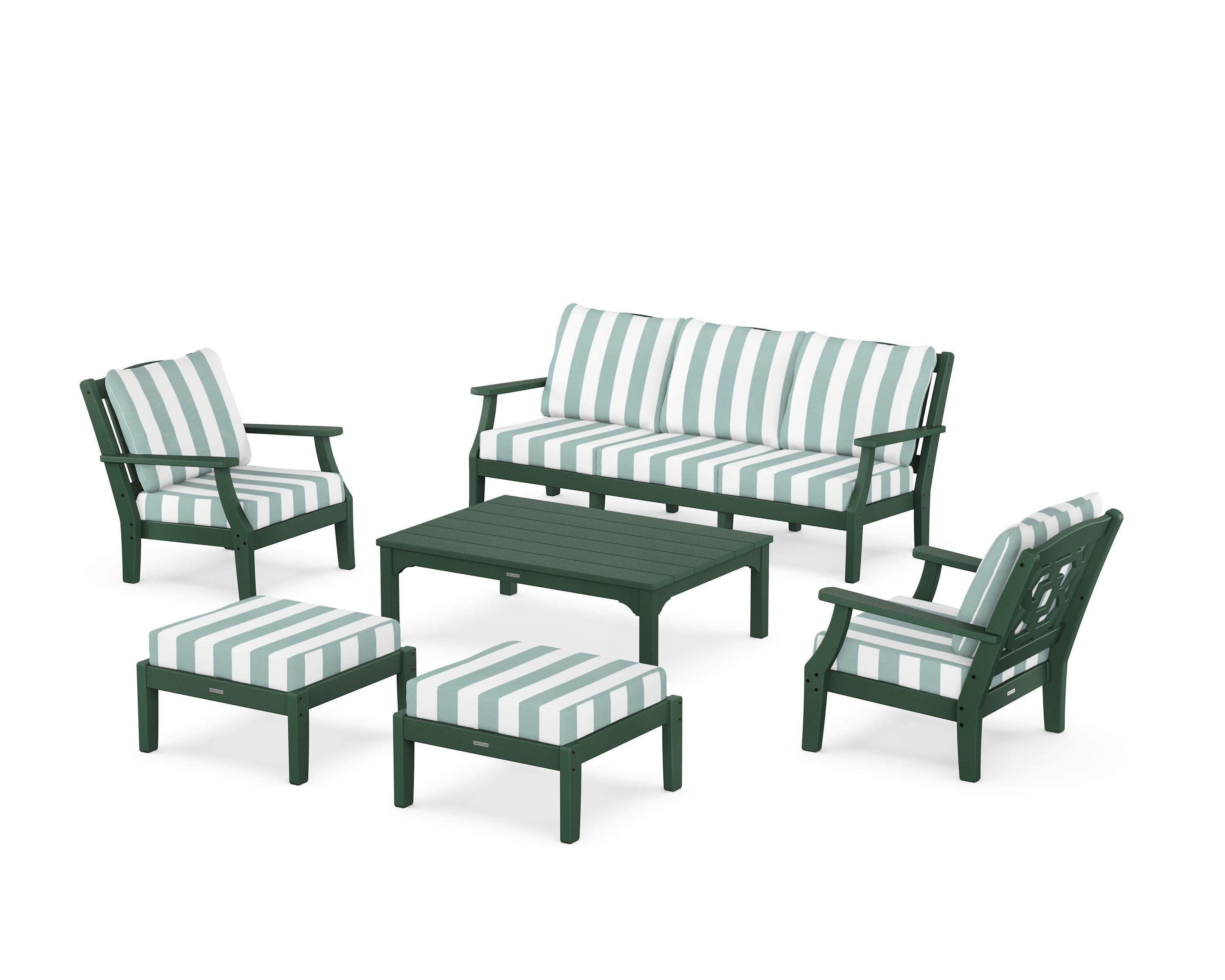 Chinoiserie 6-Piece Lounge Sofa Set in Green / Cabana Stripe Glacier Spa