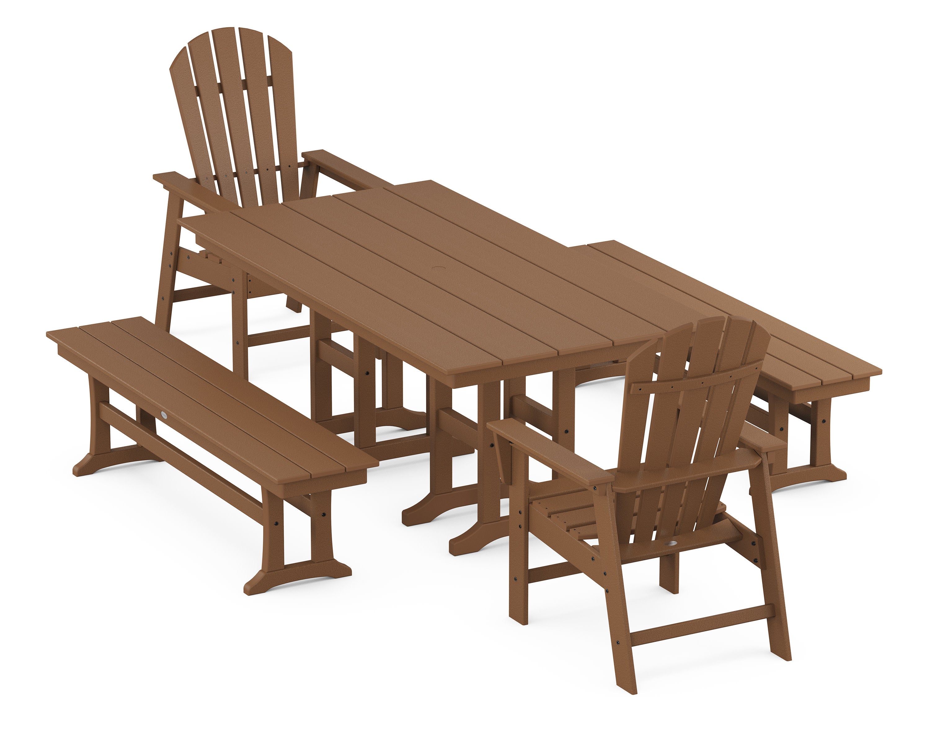 South Beach 5-Piece Farmhouse Dining Set with Benches in Teak