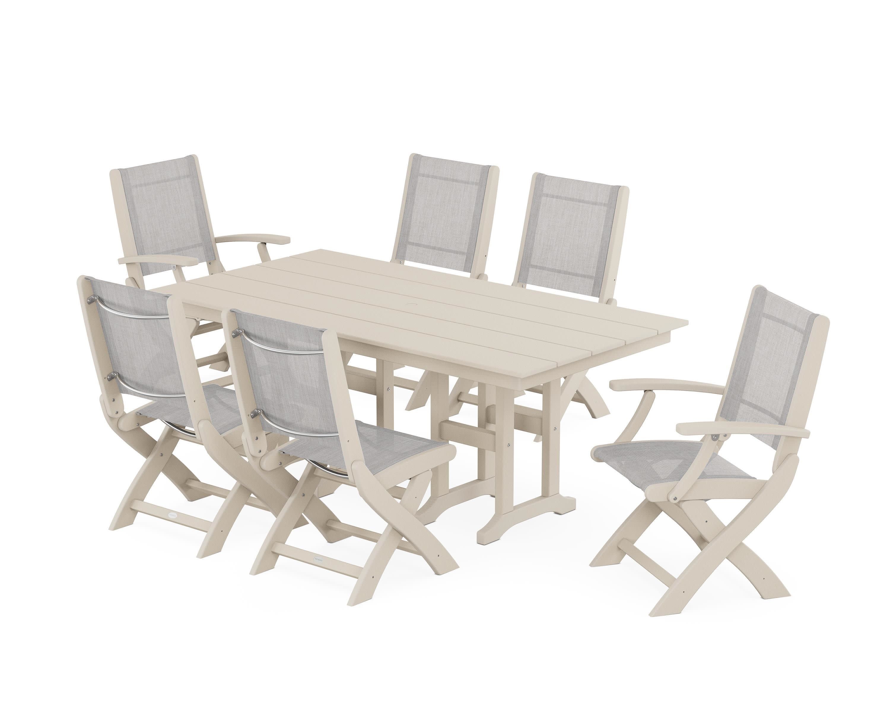 Coastal Folding Chair 7-Piece Farmhouse Dining Set in Sand / Parchment Sling