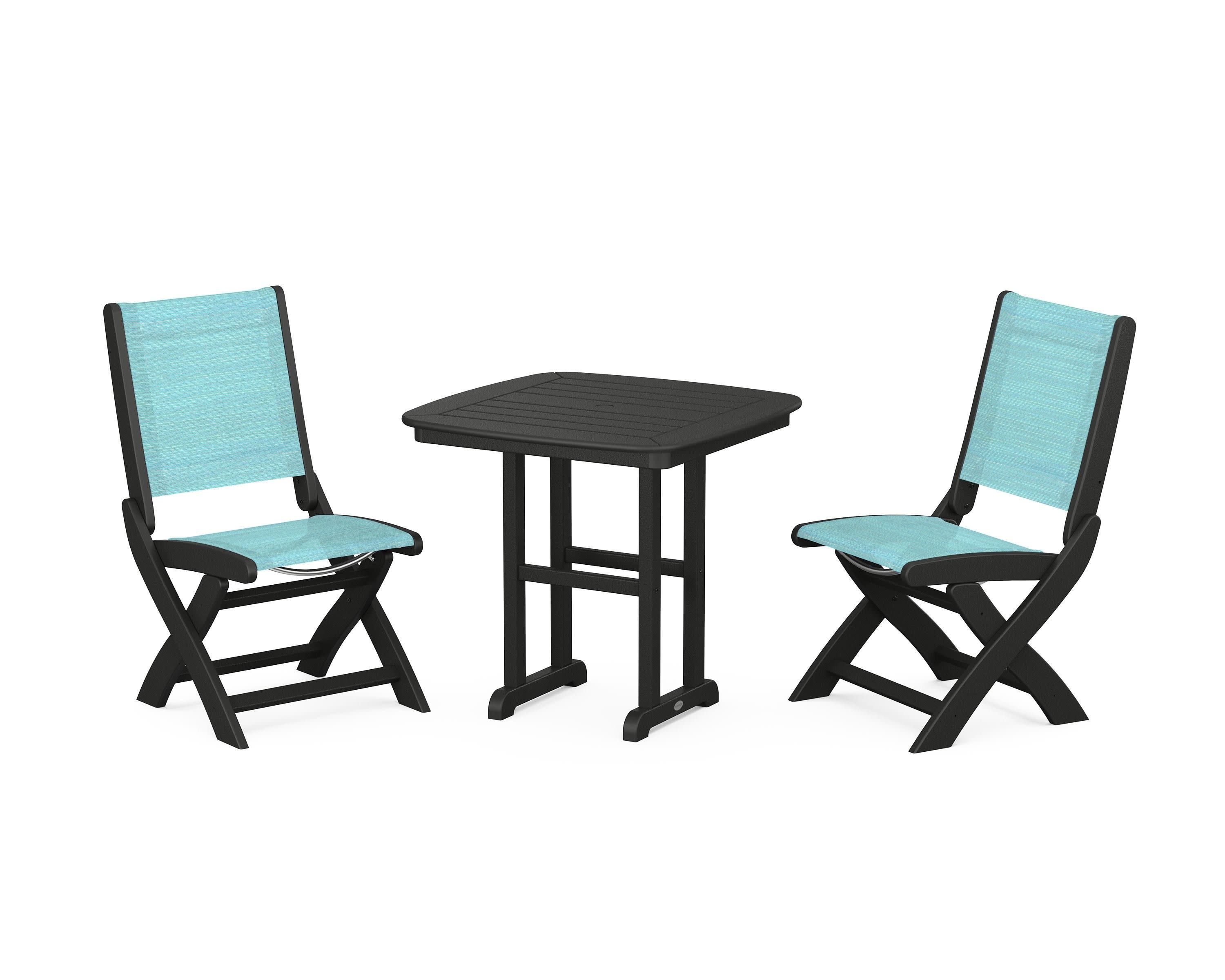 Coastal Folding Side Chair 3-Piece Dining Set in Black / Dupioni Aquamarine Sling