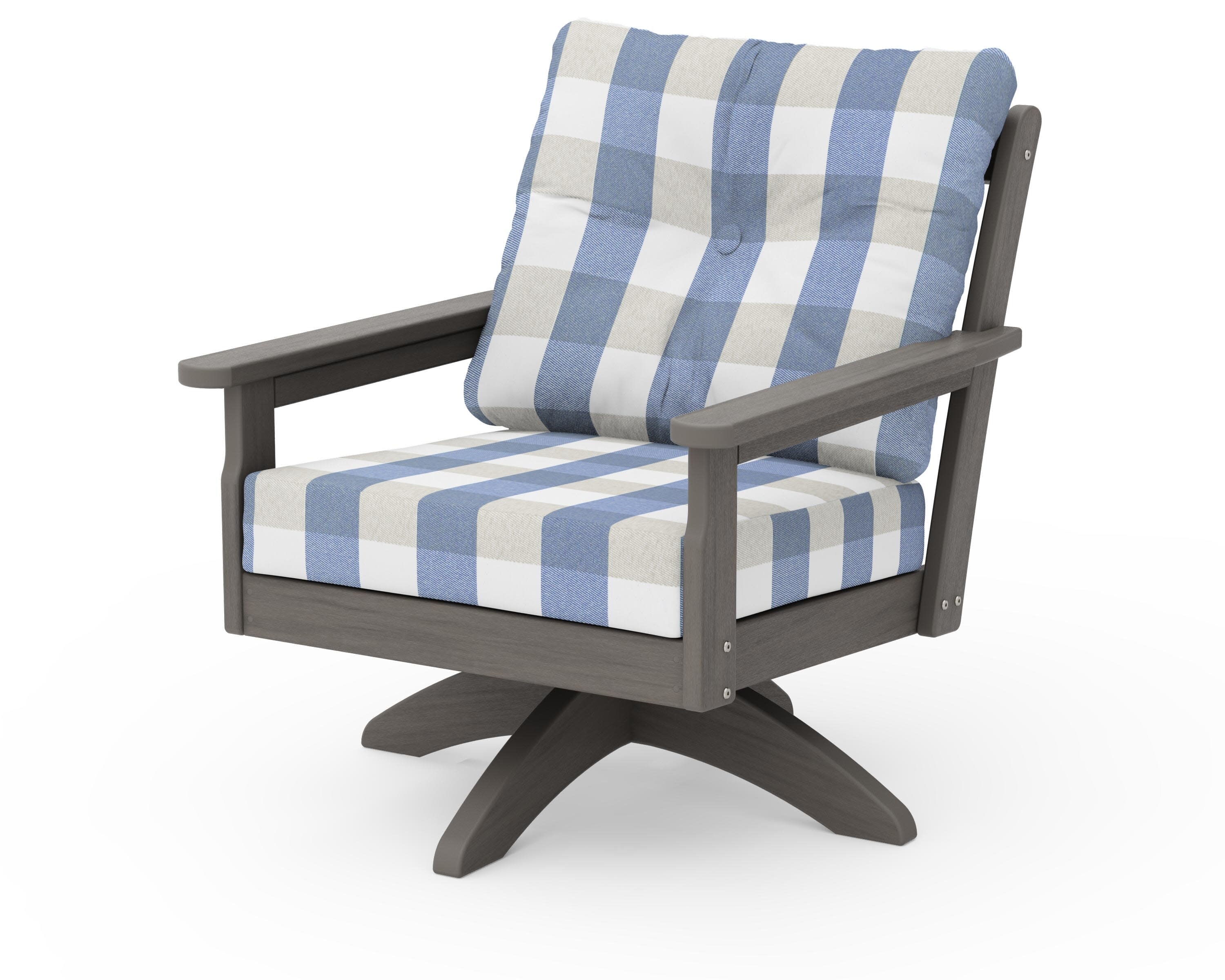 Vineyard Deep Seating Swivel Chair in Driftwood / Buffalo Plaid Sky Blue