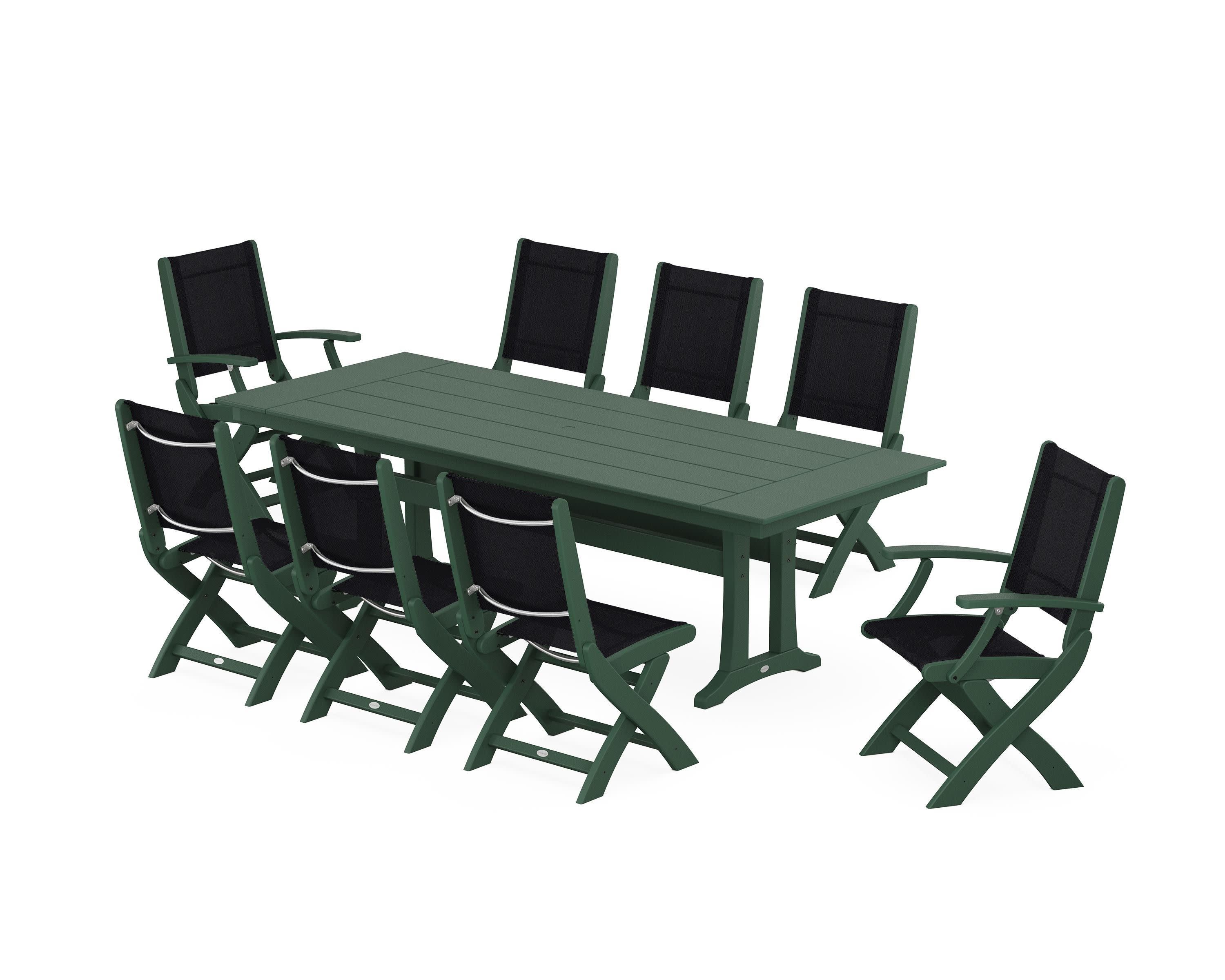 Coastal 9-Piece Folding Dining Chair Farmhouse Dining Set with Trestle Legs in Green / Black Sling
