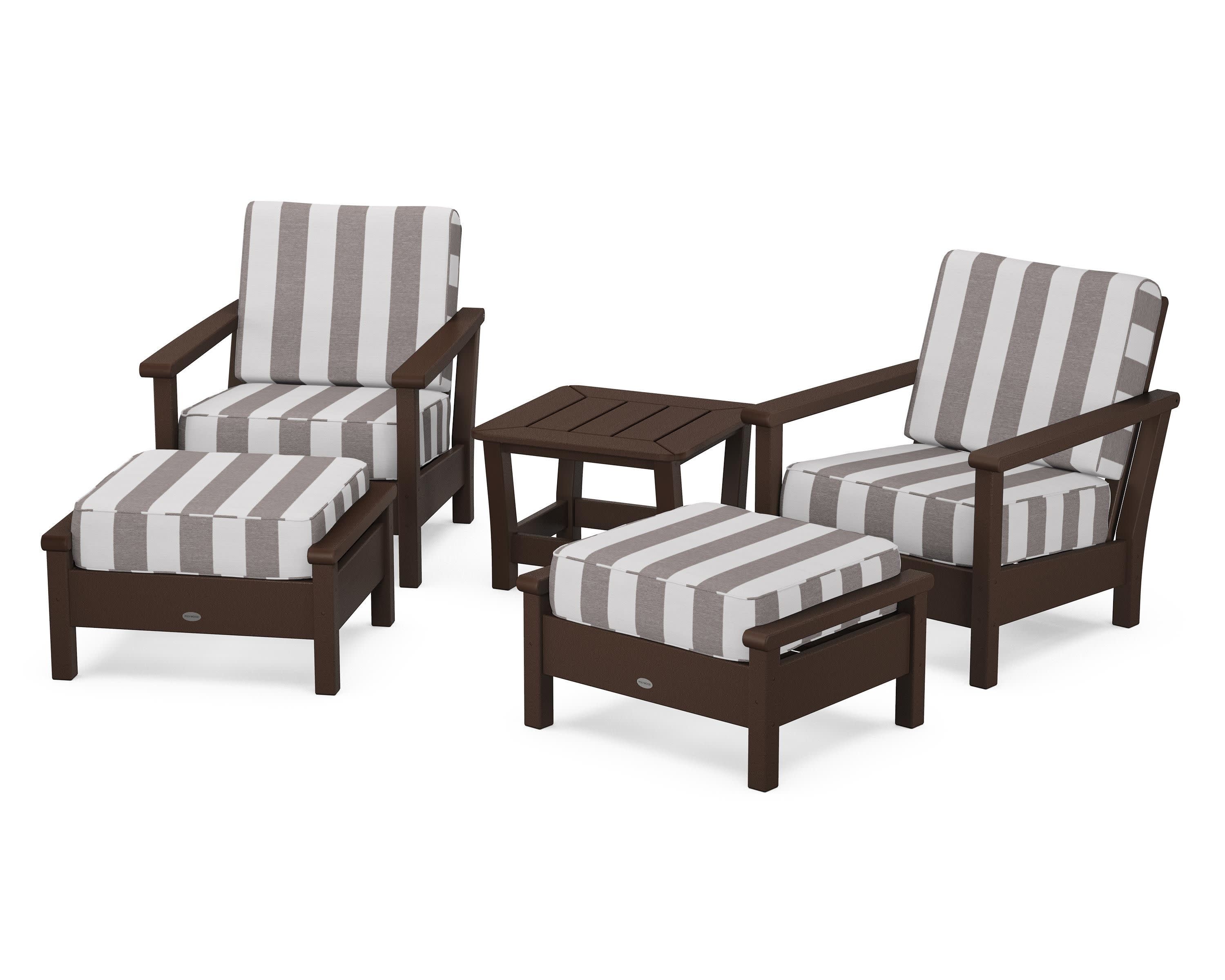 Harbour 5-Piece Deep Seating Chair Set in Mahogany / Cabana Stripe Grey Mist
