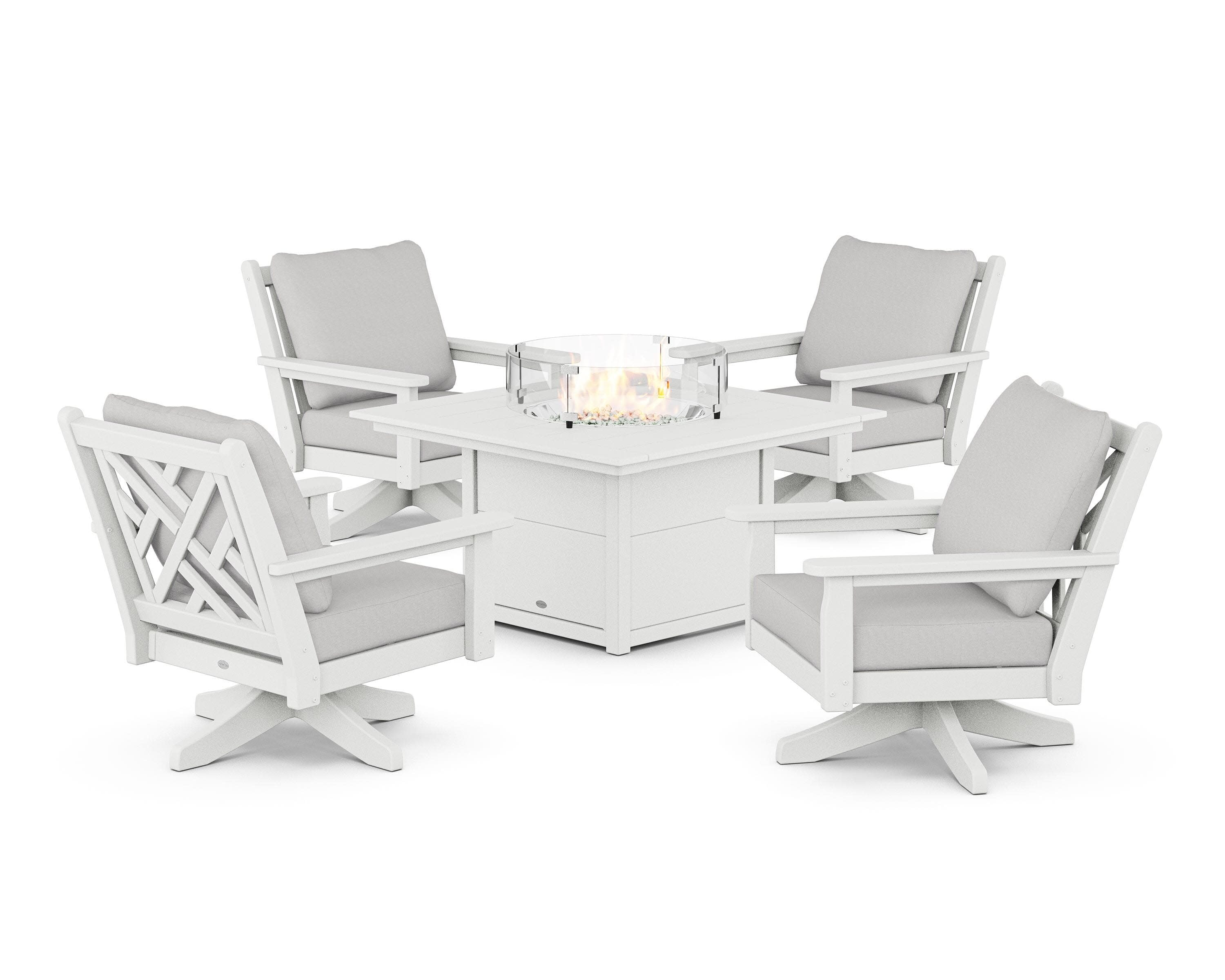 Chippendale 5-Piece Deep Seating Swivel Conversation Set with Fire Pit Table in White / Diamond in the Rough