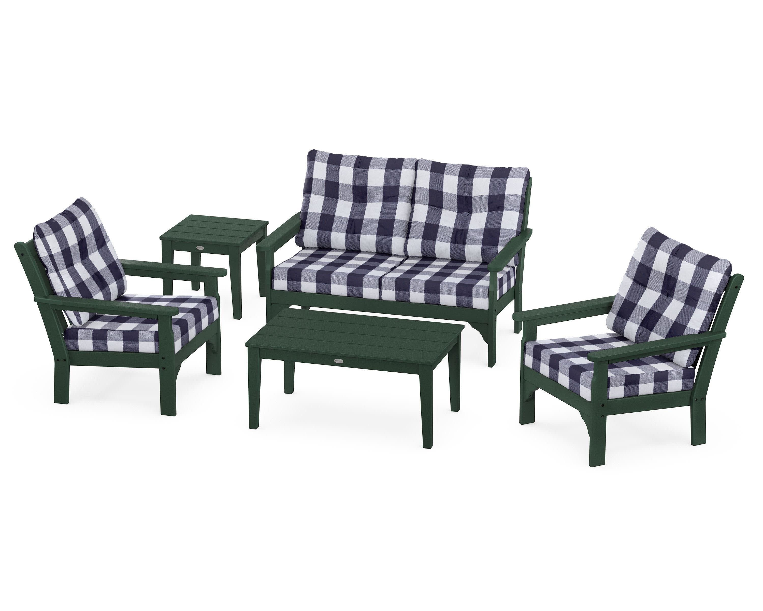 Vineyard 5-Piece Deep Seating Set in Green / Buffalo Plaid Navy