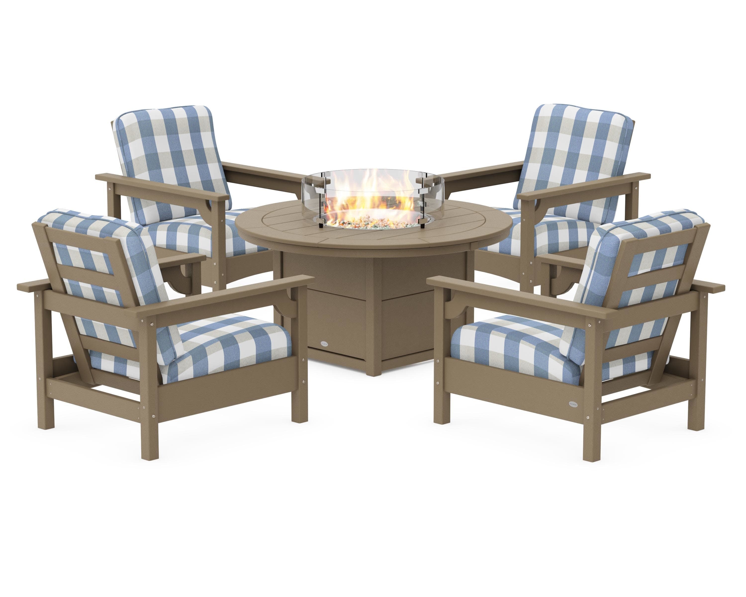 Club 5-Piece Conversation Set with Fire Pit Table in Vintage Sahara / Buffalo Plaid Sky Blue